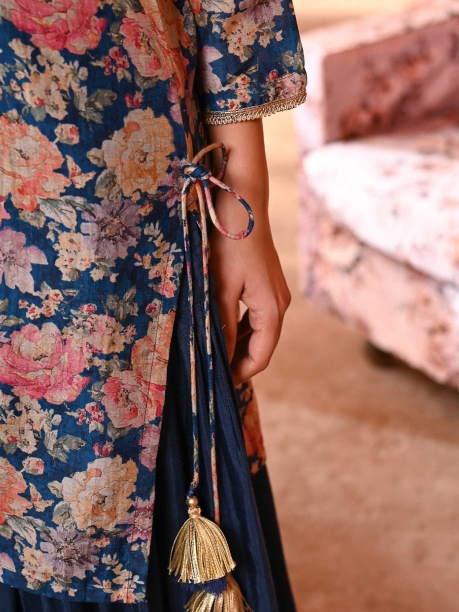 Mahee Jaipur Blue Dilkash Floral Kurta with Sharara and Marodi Work and Scallope Dupatta