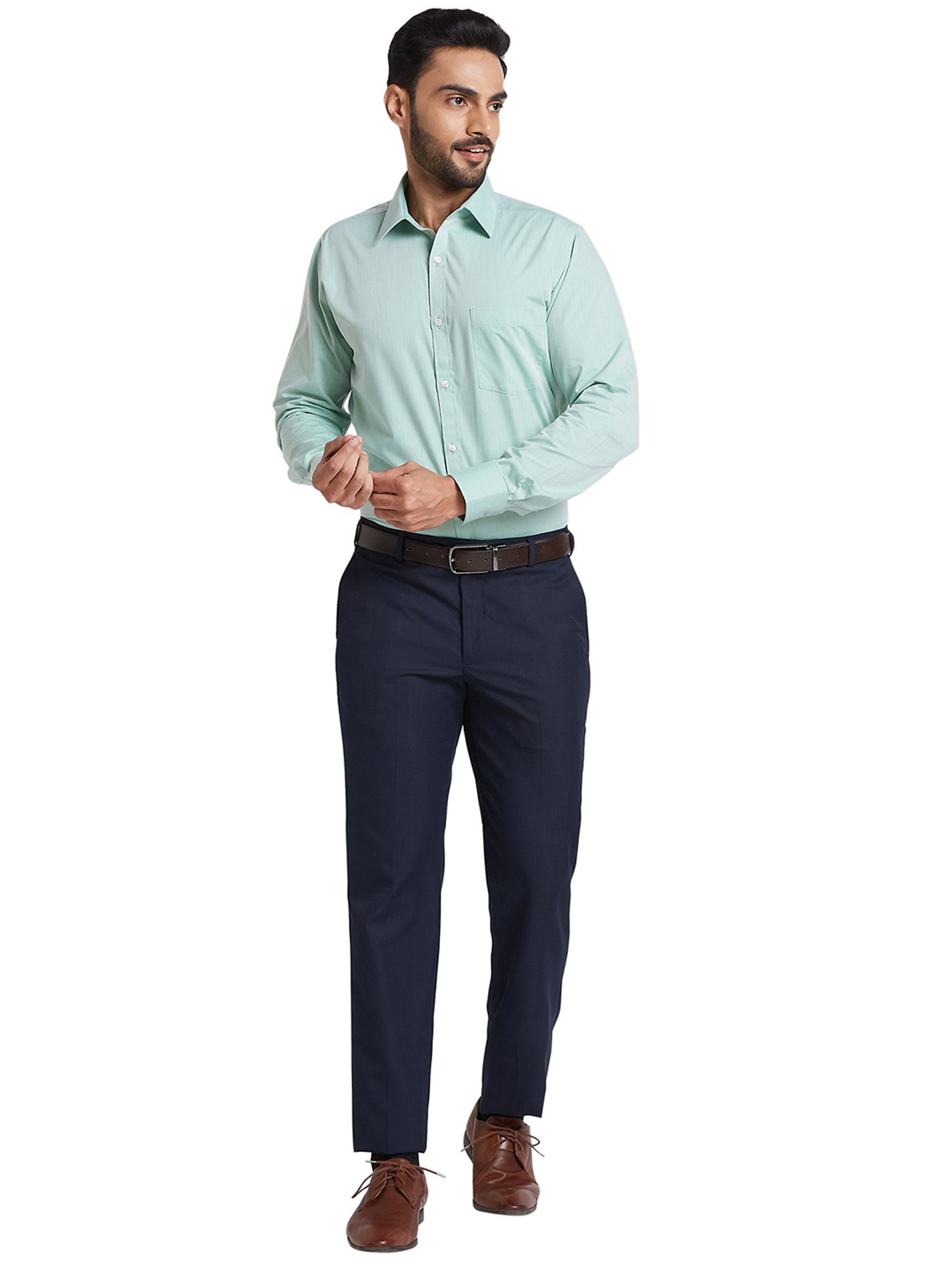 Park Avenue Navy Regular Fit Check Flat Front Trousers