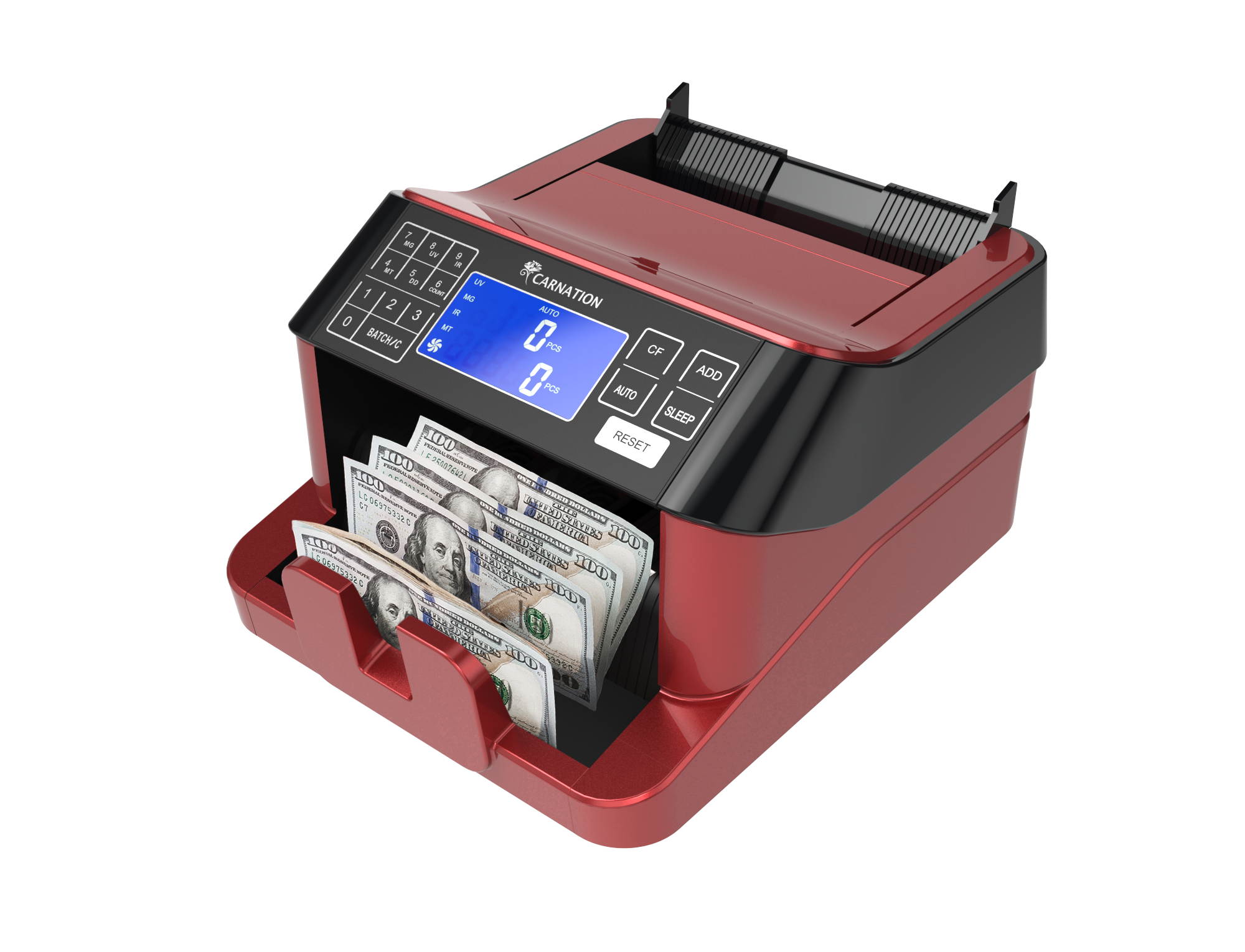 Carnation Money Counter with Counterfeit Bill Detector | Infrared, Magnetic, Metallic Thread, Size, and UV Detection for US Bills, Canadian Dollar, and Mexican Peso (154 char.)