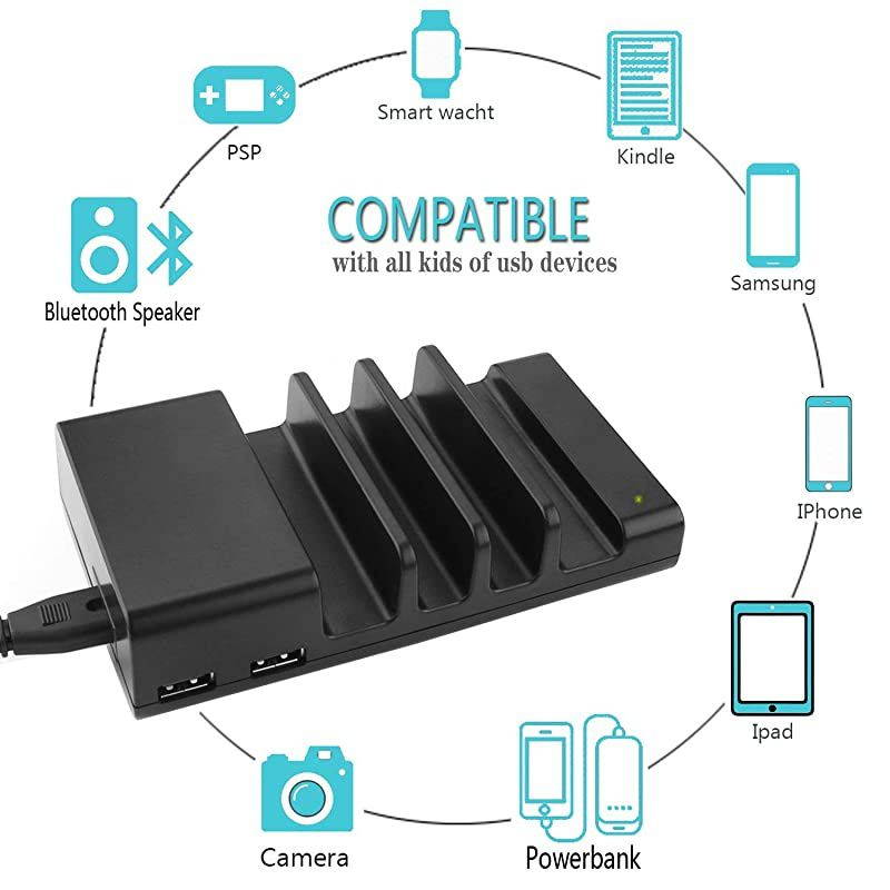 Charging Station 4 Port USB Charging Station Included 4 Short Mixed Cables Compatible IpadiPhoneSamsungSmartphone Desktop Cell Phone Charge Stand Multiple USB Charger Docking Organizer
