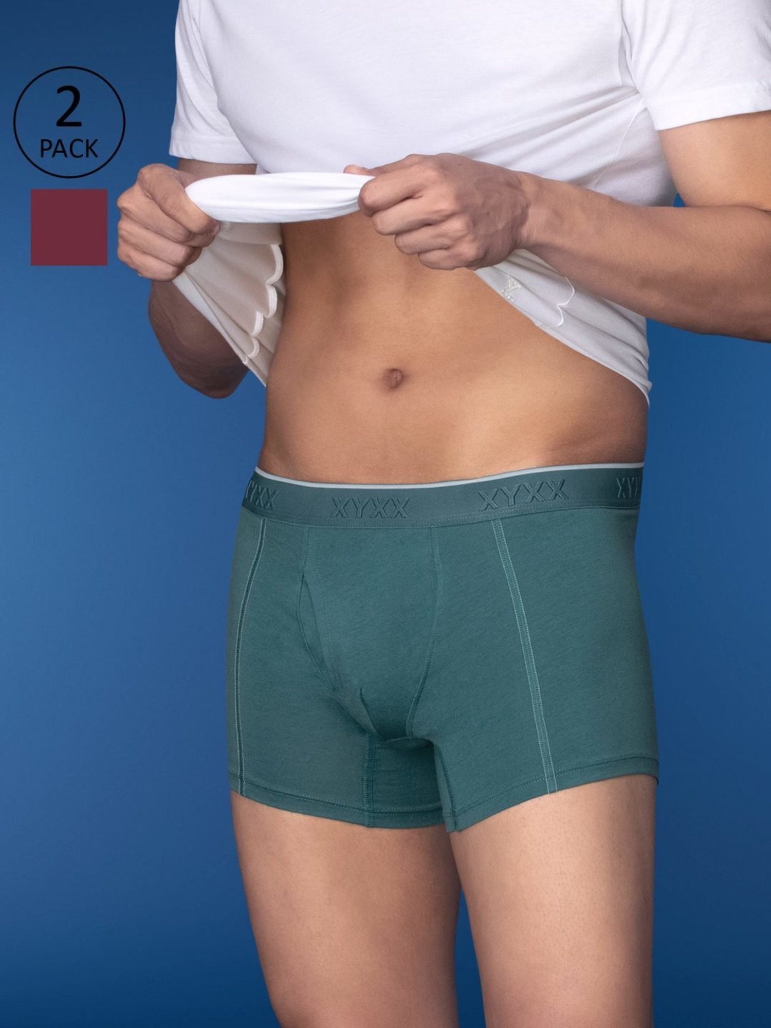 XYXX Emerald Green & Bold Burgundy Cotton Regular Fit Trunks - Pack Of 2
