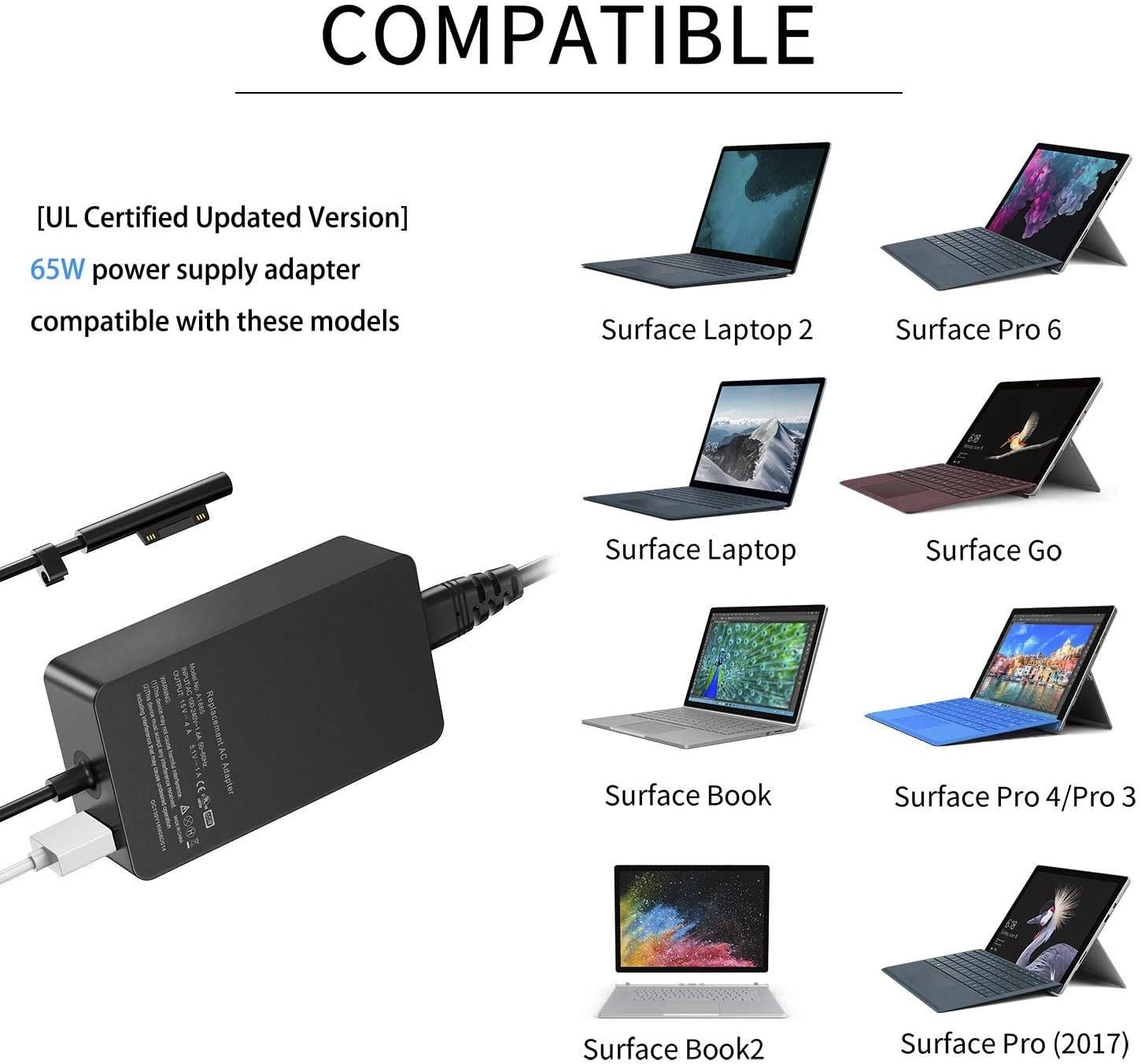 Surface Pro charger 65W is compatible with Surface Pro 3/4/5/6/7 power adapter, suitable for Microsoft Microsoft Surface Book laptop/tablet, and suitable for 65W&44W&36W&24W 15V 4A with US  Plug