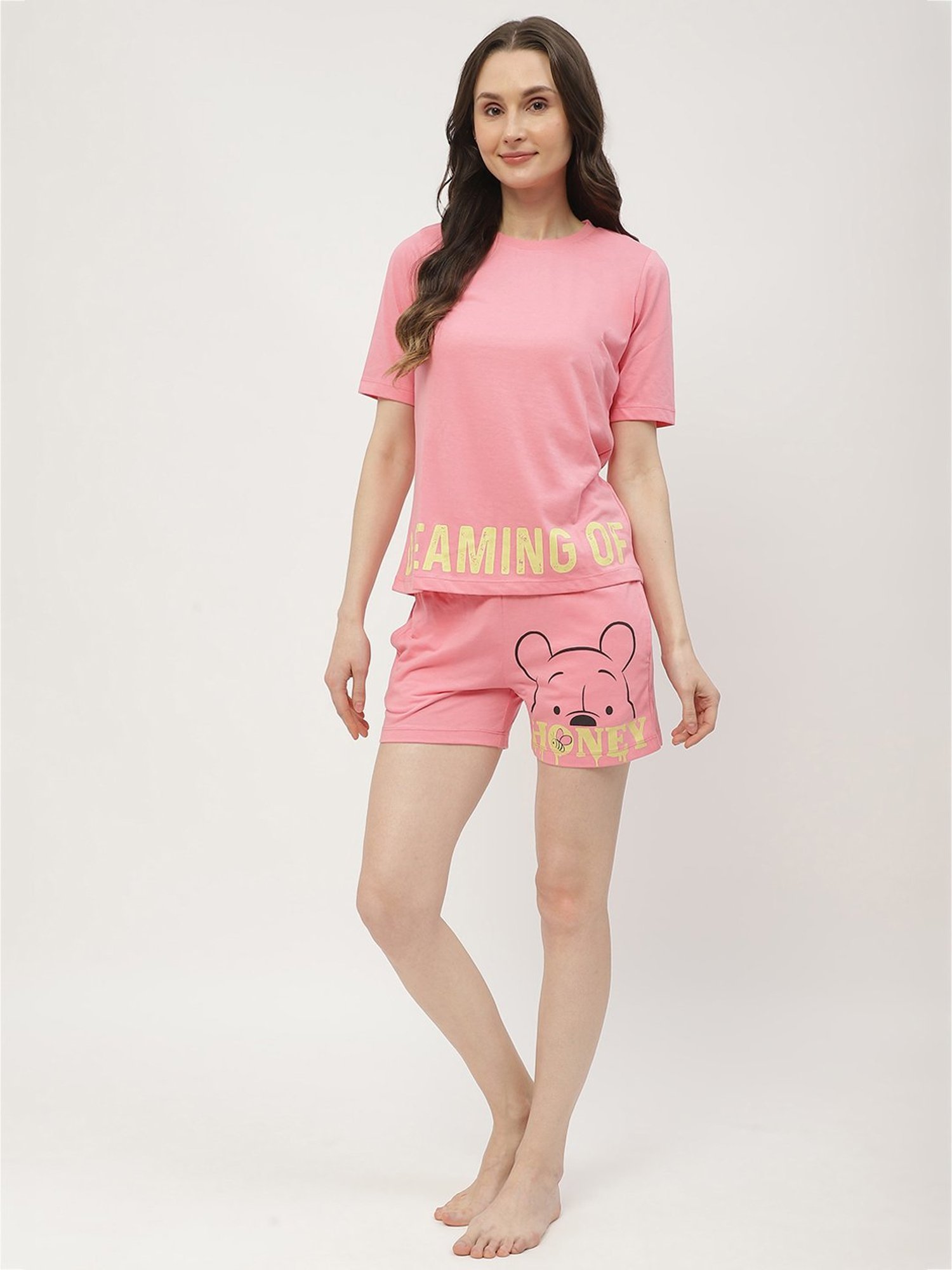 MADAME M Secret Pink Cotton Graphic Print T-Shirt With Shorts