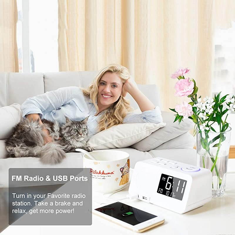 Alarm Clock Radio Clock 2 Alarms Dual USB Charging Port Snooze Founction for Bedroom (D-Old)