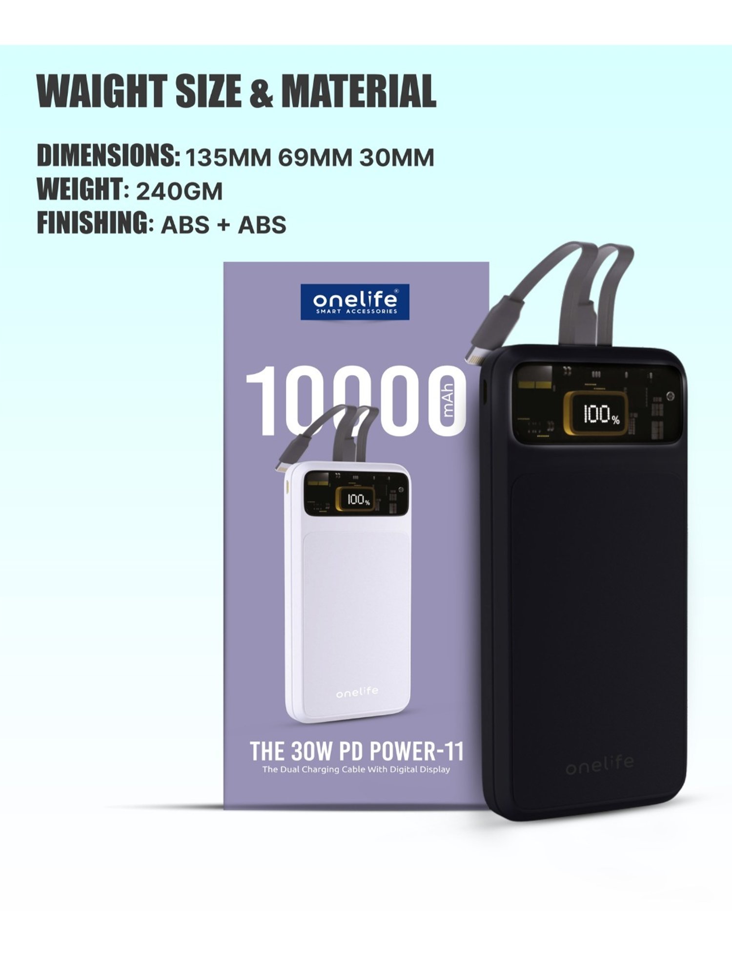 Onelife Power 11, 10000 mAh 30W Fast Charging Power Bank with PD3.0 30W for 2 USB-C Ports (Black)