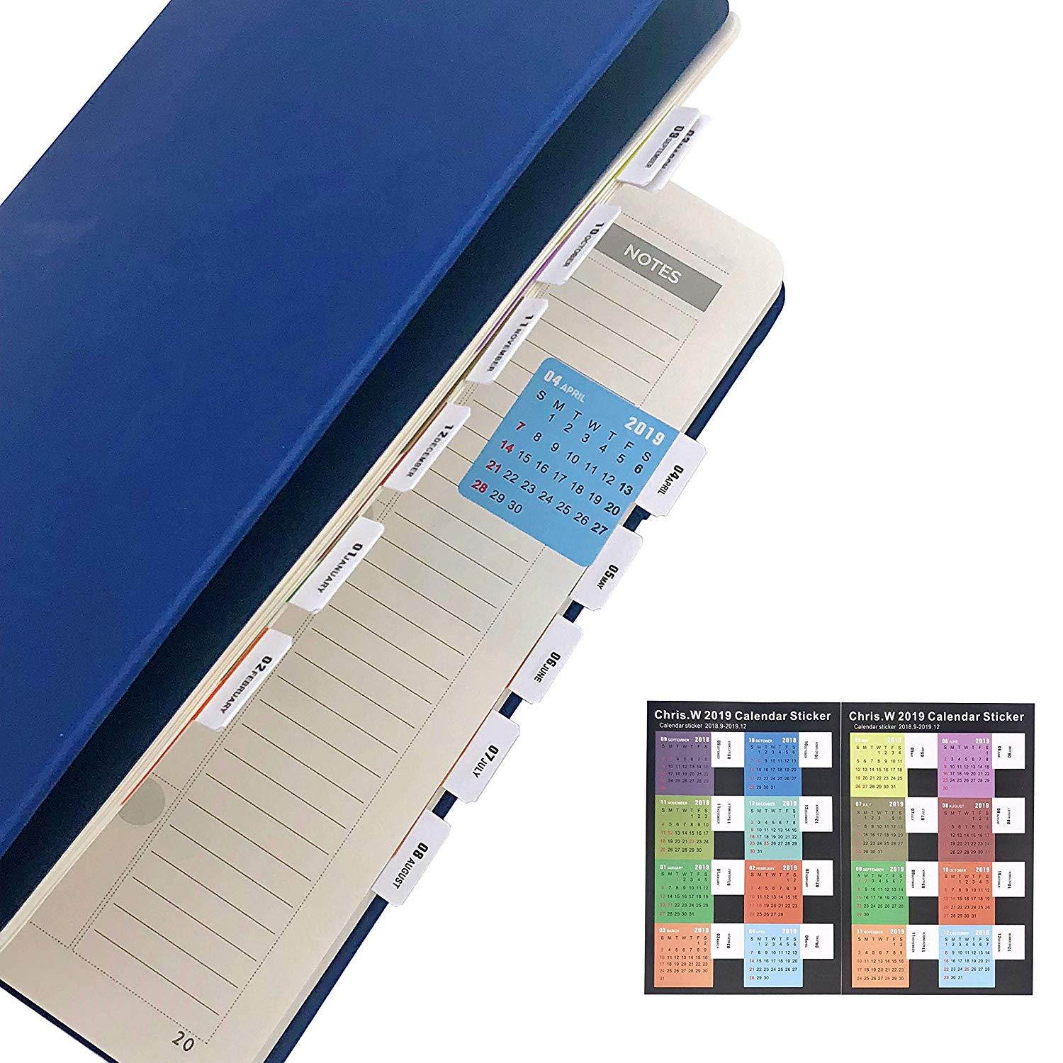 Chris.W 2018-2019 Calendars Stickers for Bullet Journal, Agendas and Organizers - Planners Monthly Adhesive Index Tabs, 16-Month from September 2018 to December 2019, 4 Sets in Multi Color(64 Tabs)