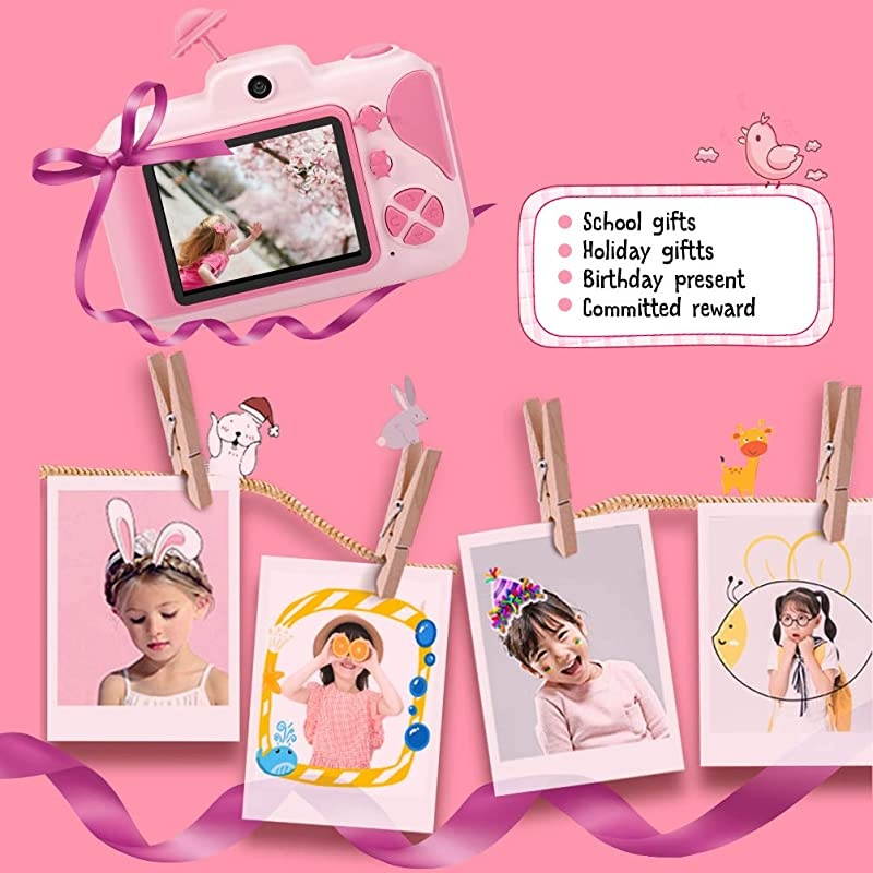 Kids Camera Wireless Mini Digital Video Camera HD Recorder Dual Cameras 24 Inch LCD Display Camcorder Toys Gifts for Kids PinkB