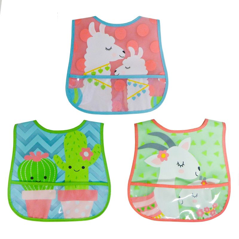 Neat Solutions Girl Printed Translucent Peva/Knit Terry Bib Set - Llama-Cactus-Goat - 3pk
