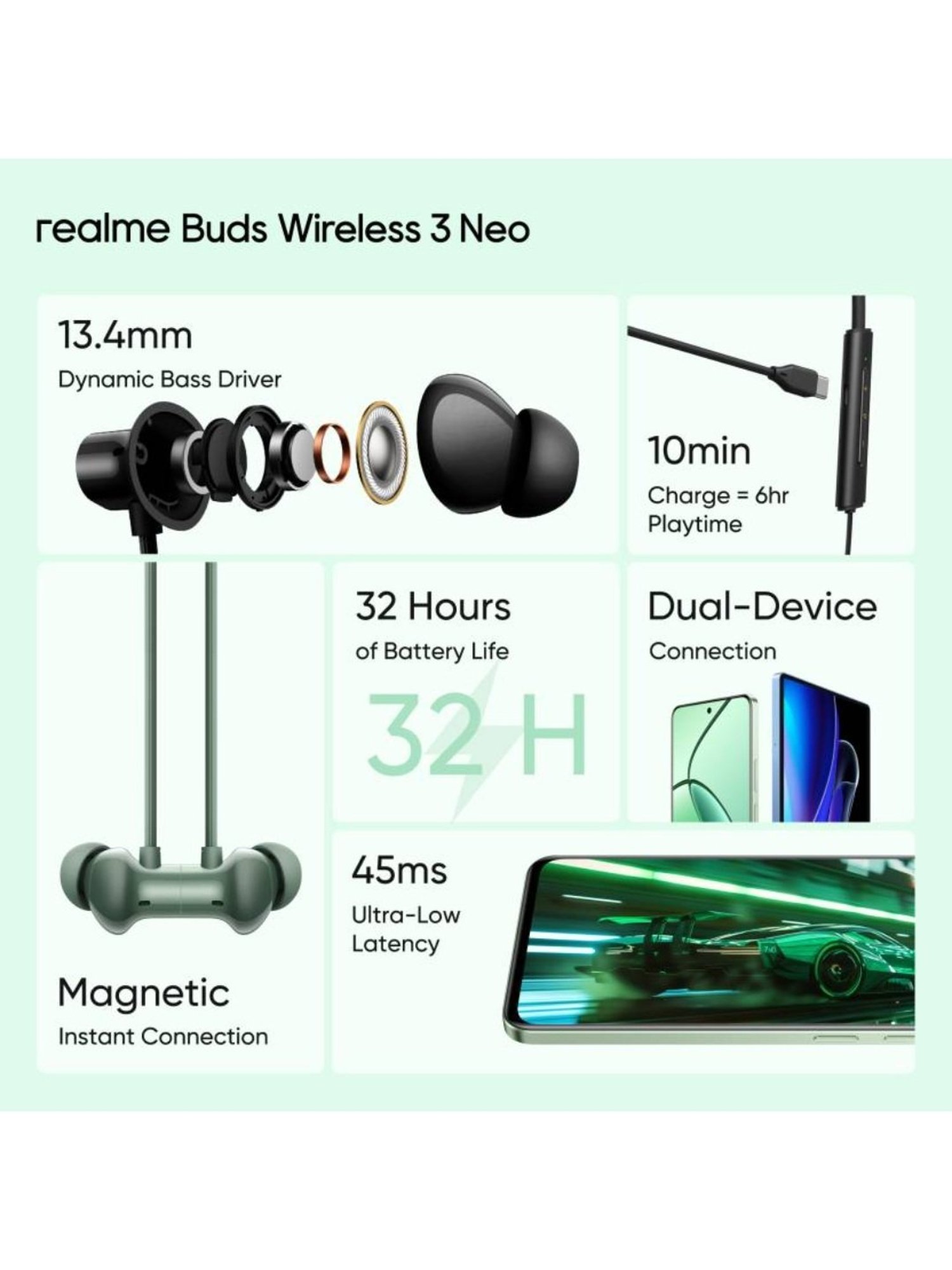 realme Buds Wireless 3 Neo in Ear Bluetooth Neckband with Upto 32 Hours Playback (Green)