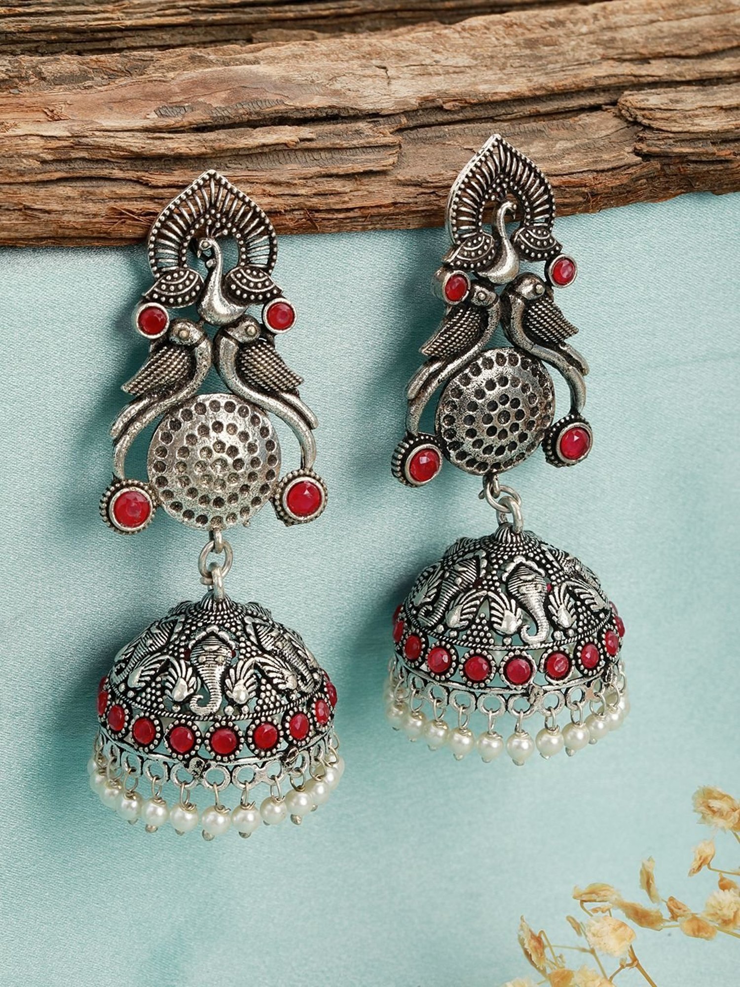Aatmana Red Stone-Studded & Pearl Beaded Peacock Shaped Temple Jhumki Earrings