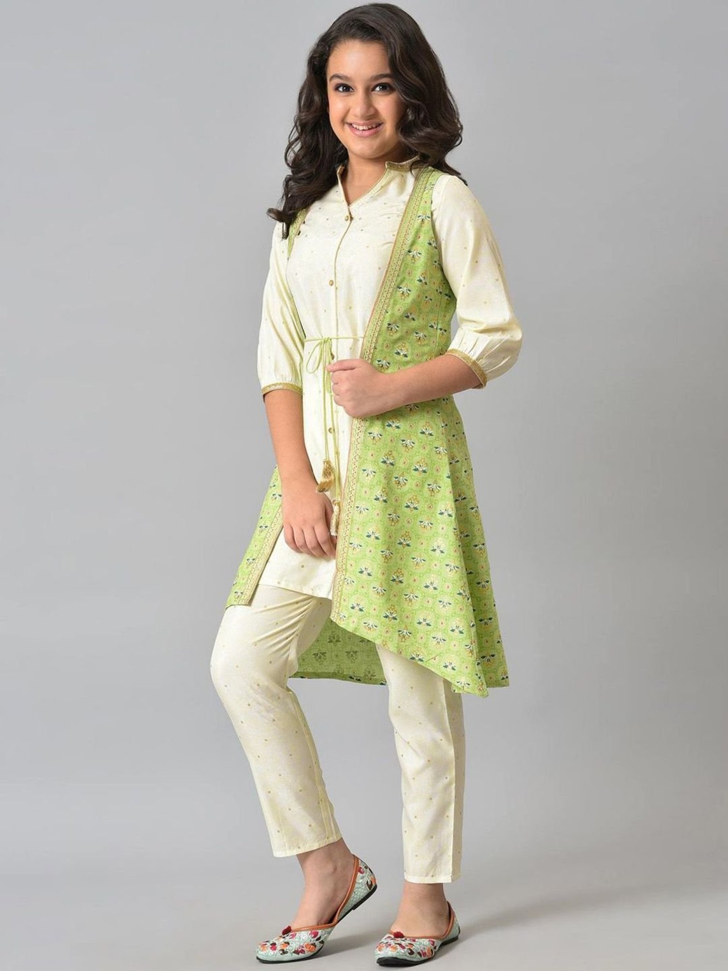 Aurelia Kids Green & Cream Printed Kurta Set