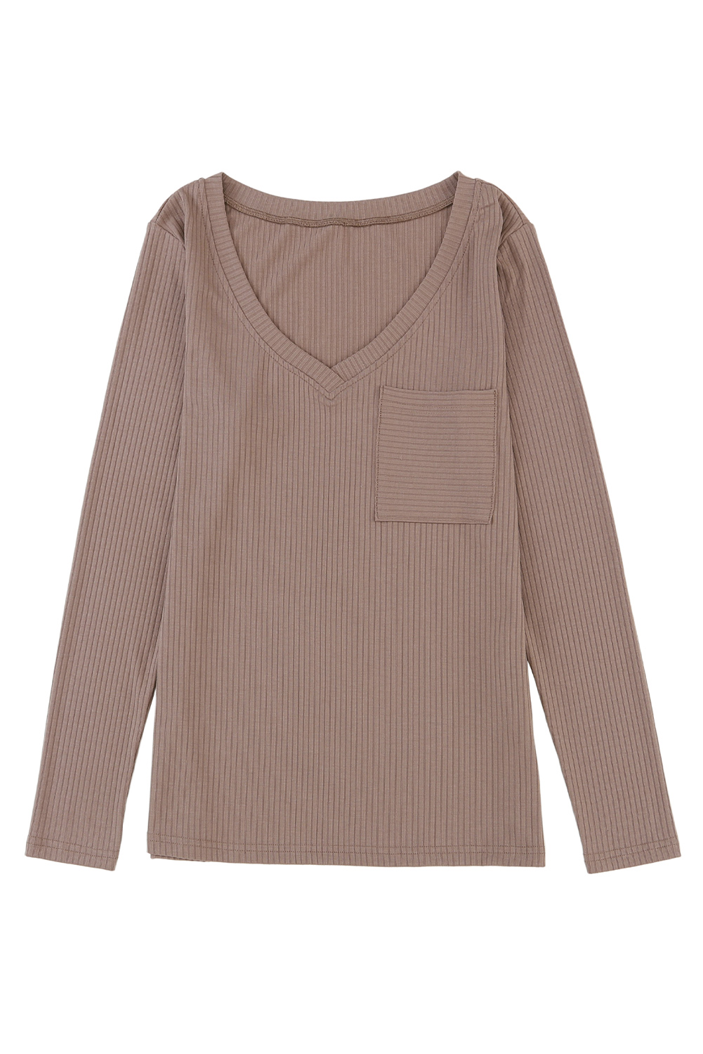 Khaki Ribbed Knit Patched Chest Pocket V Neck Top