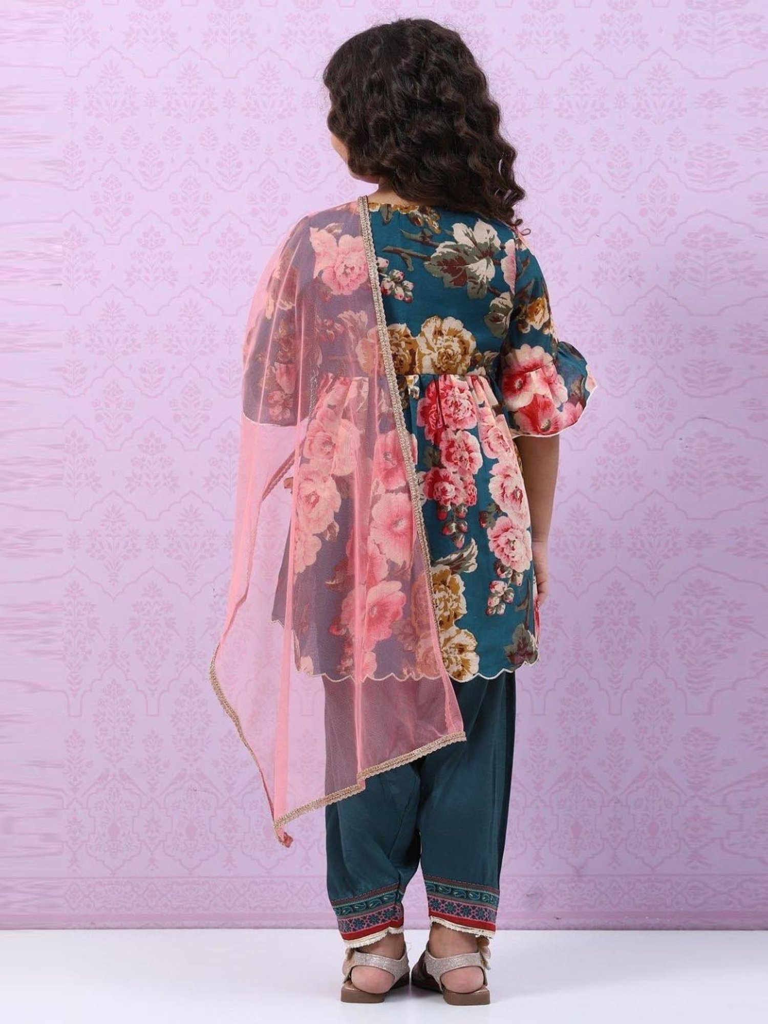Biba Kids Teal Blue & Pink Floral Print Kurta Set