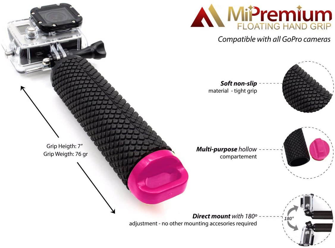 Waterproof Floating Hand Grip Compatible with GoPro Hero 8 7 6 5 4 3+ 2 1 Session Black Silver Handler & Handle Mount Accessories Kit for Water Sport and Action Cameras (Rose Red)