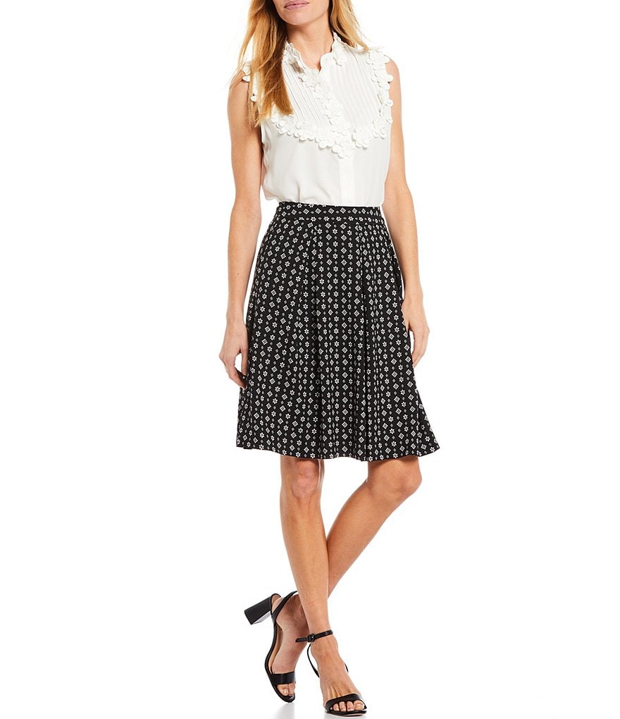 Tahari ASL Inverted Pleat Polka Dot Print Crepe Skirt