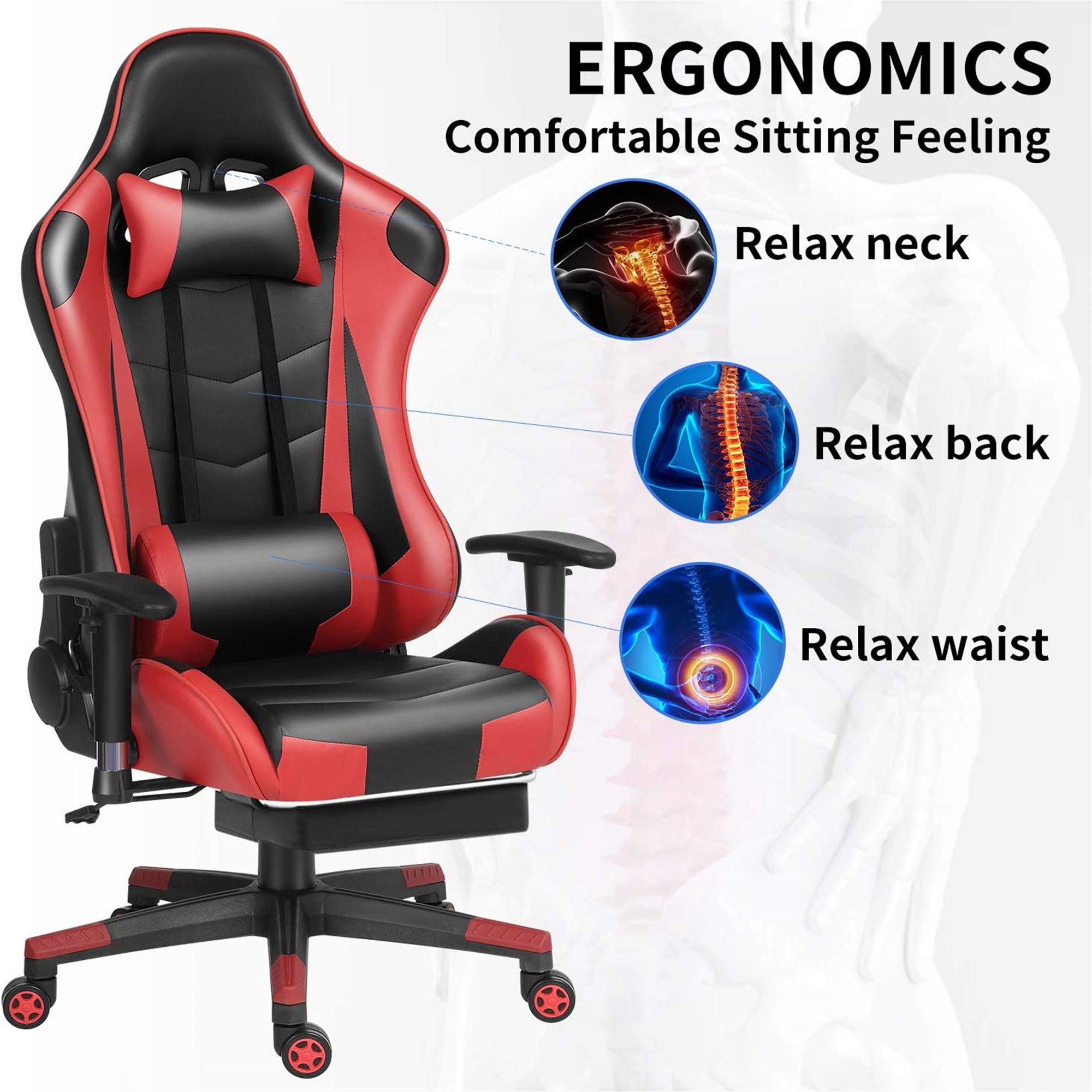Ergonomic Gaming Chair Racing Chair E-Sports Chair Home Office Chair Computer Game Chair Backrest and Seat Height Adjustable Chair with PU Leather Lumbar Support and Headrest