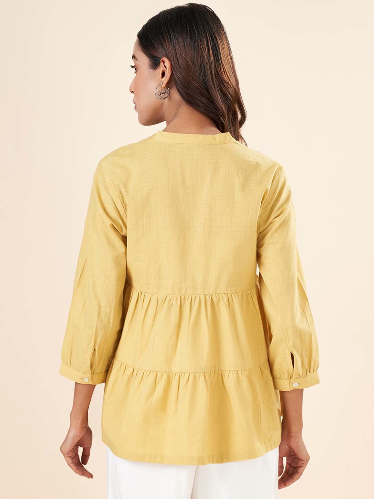 Akkriti by Pantaloons Yellow Cotton Embroidered Top