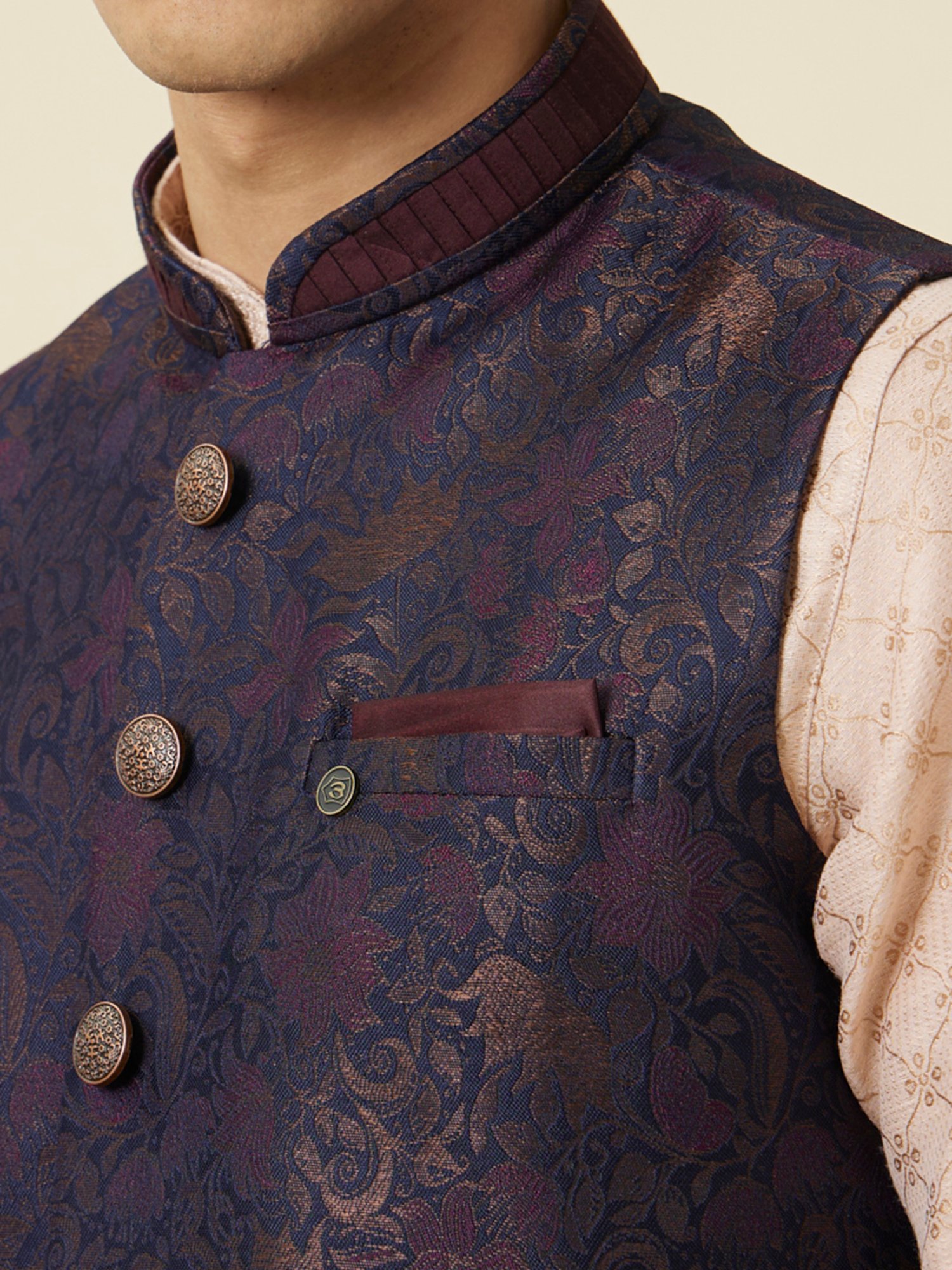 Manyavar Navy Regular Fit Printed Nehru Jacket