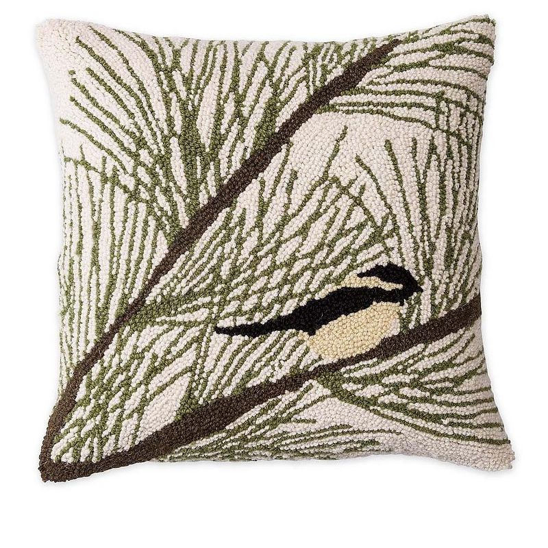 Chickadee in an Evergreen Tree Indoor 100% Wool Hooked Pillow