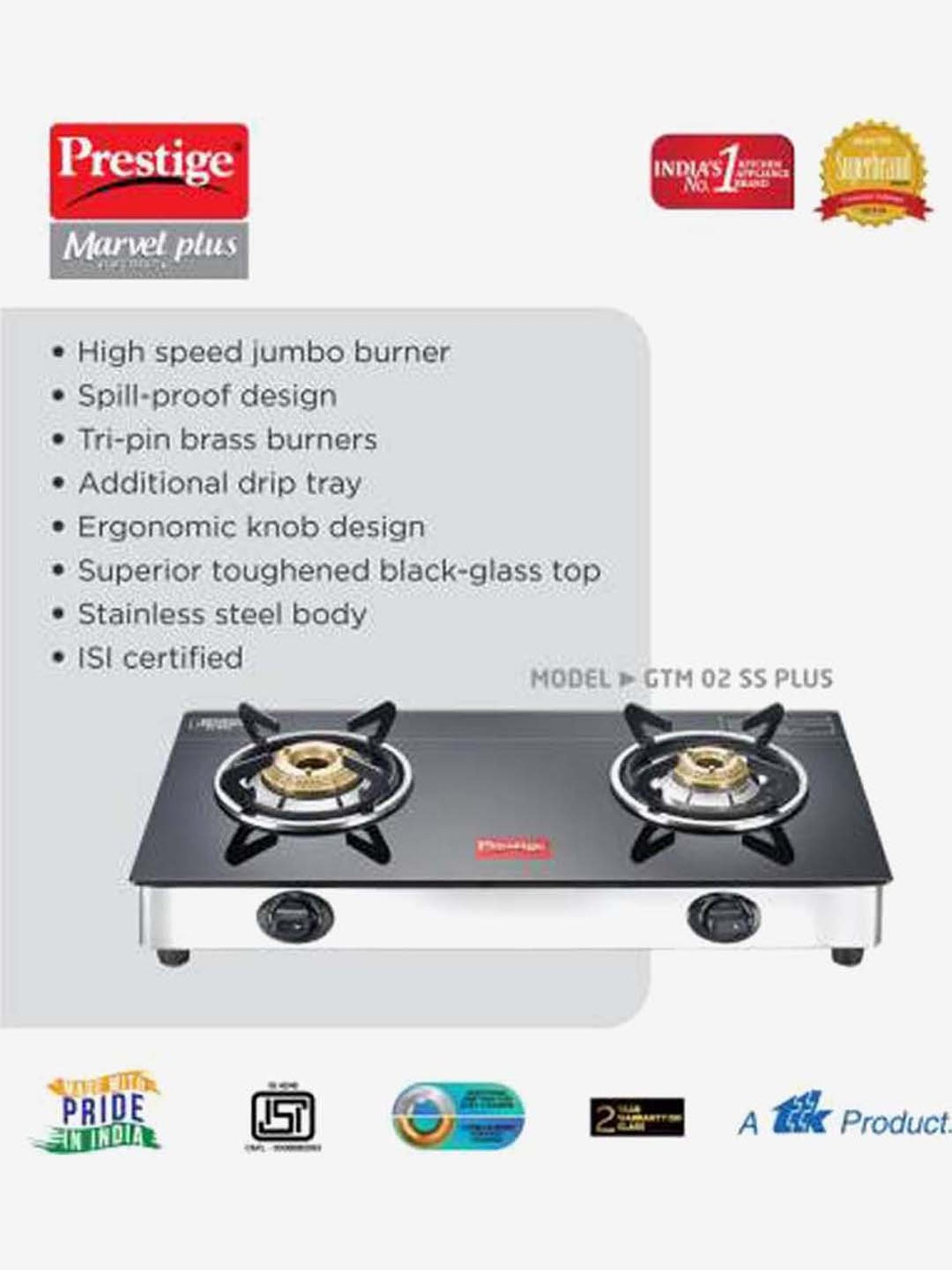 Prestige GTM 02 SS Plus 2 Burners Glass Top Gas Stove (Black and Silver)