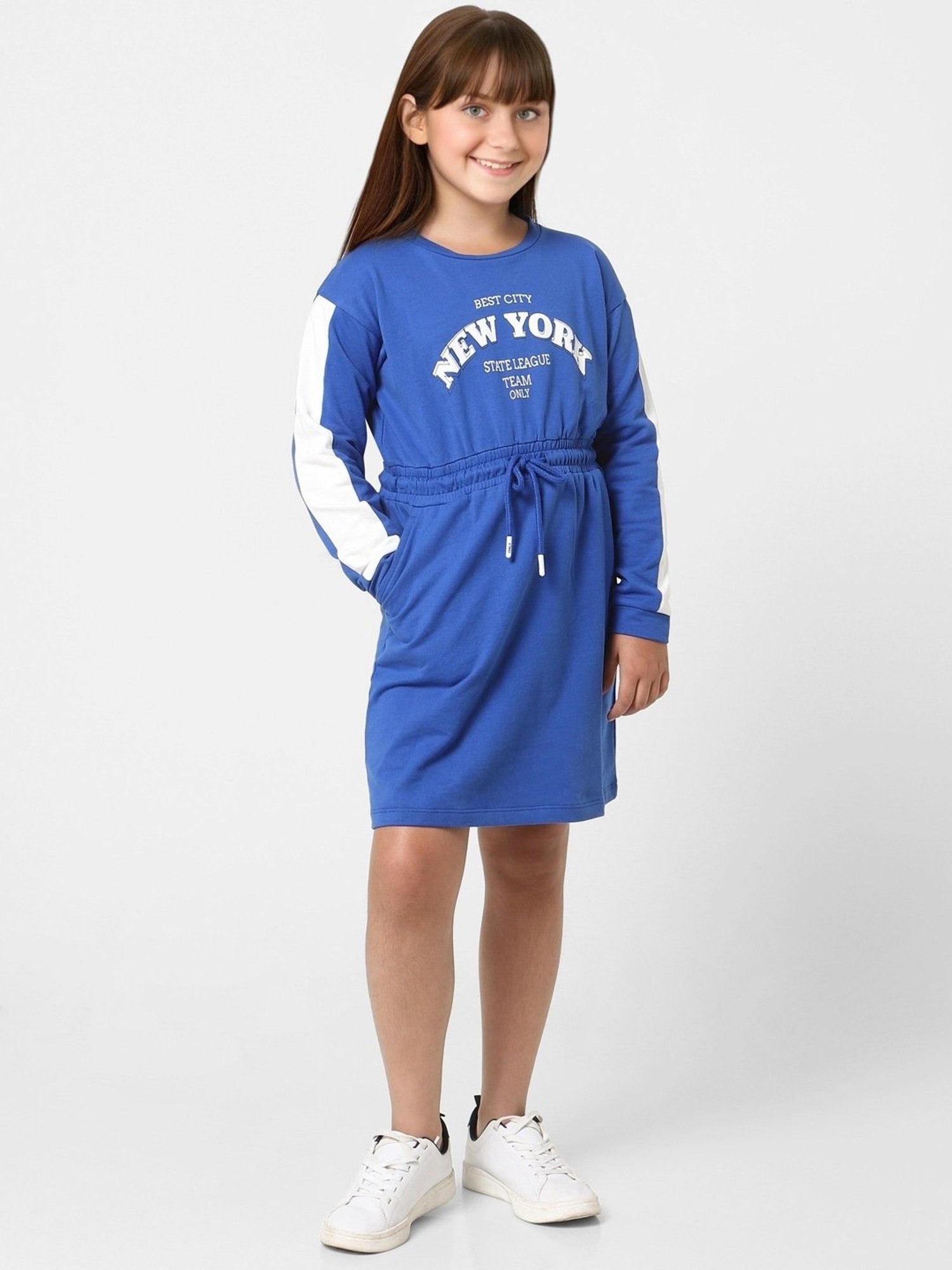 KIDS ONLY Blue & White Cotton Printed Full Sleeves Dress