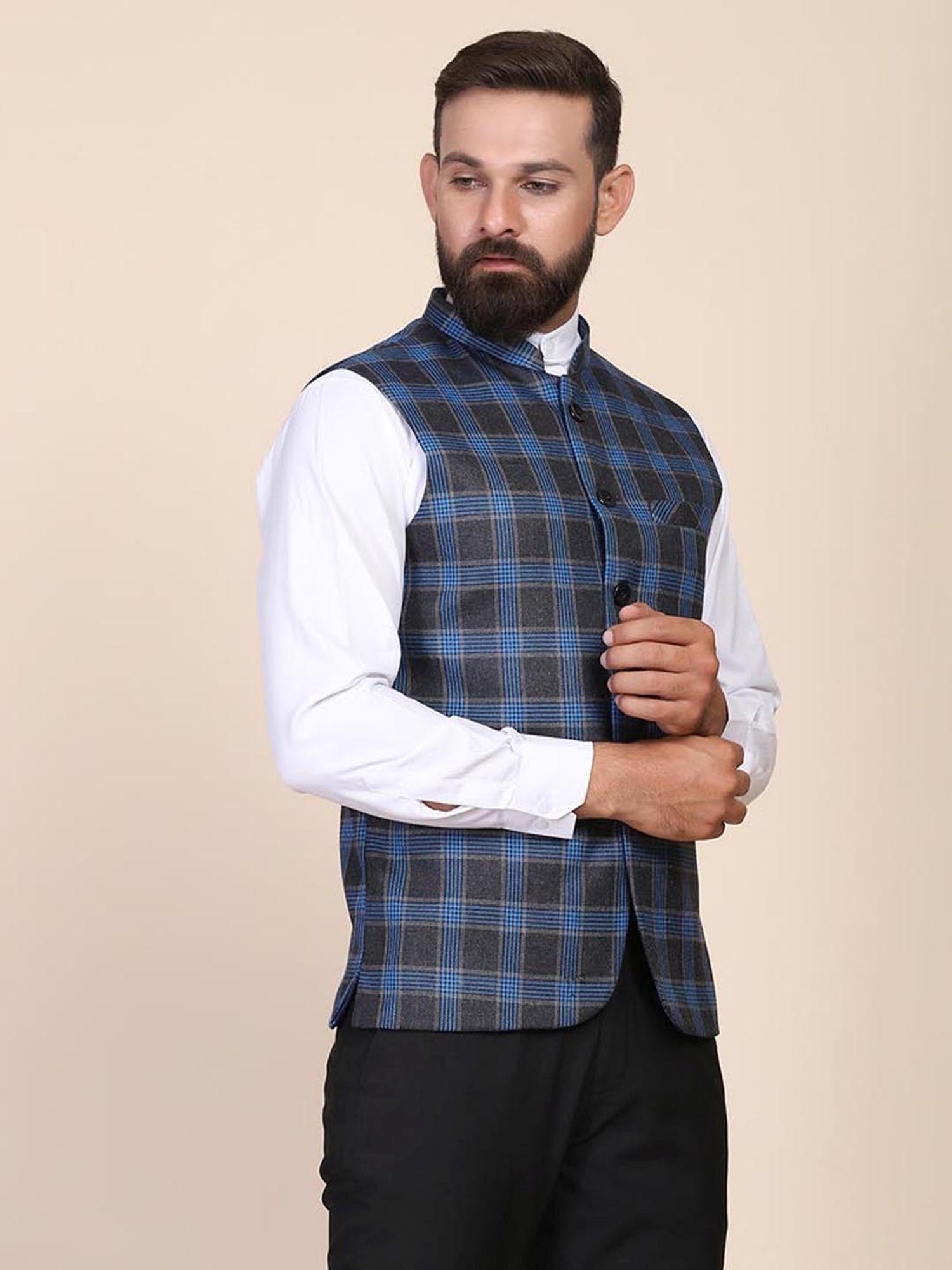 TAHVO Grey & Blue Slim Fit Checks Nehru Jacket