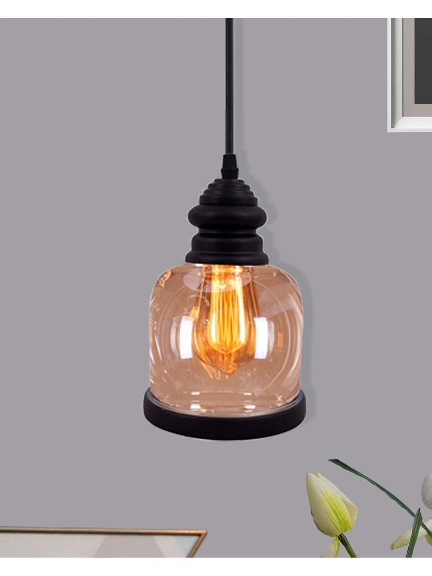 Homesake Amber Black & Transparent Glass Clylindrical Pendant Lamp (Bulb not included)