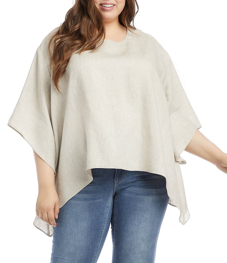 Karen Kane Plus Size Textured Linen Round Neck 3/4 Kimono Sleeve Flare Hem Top