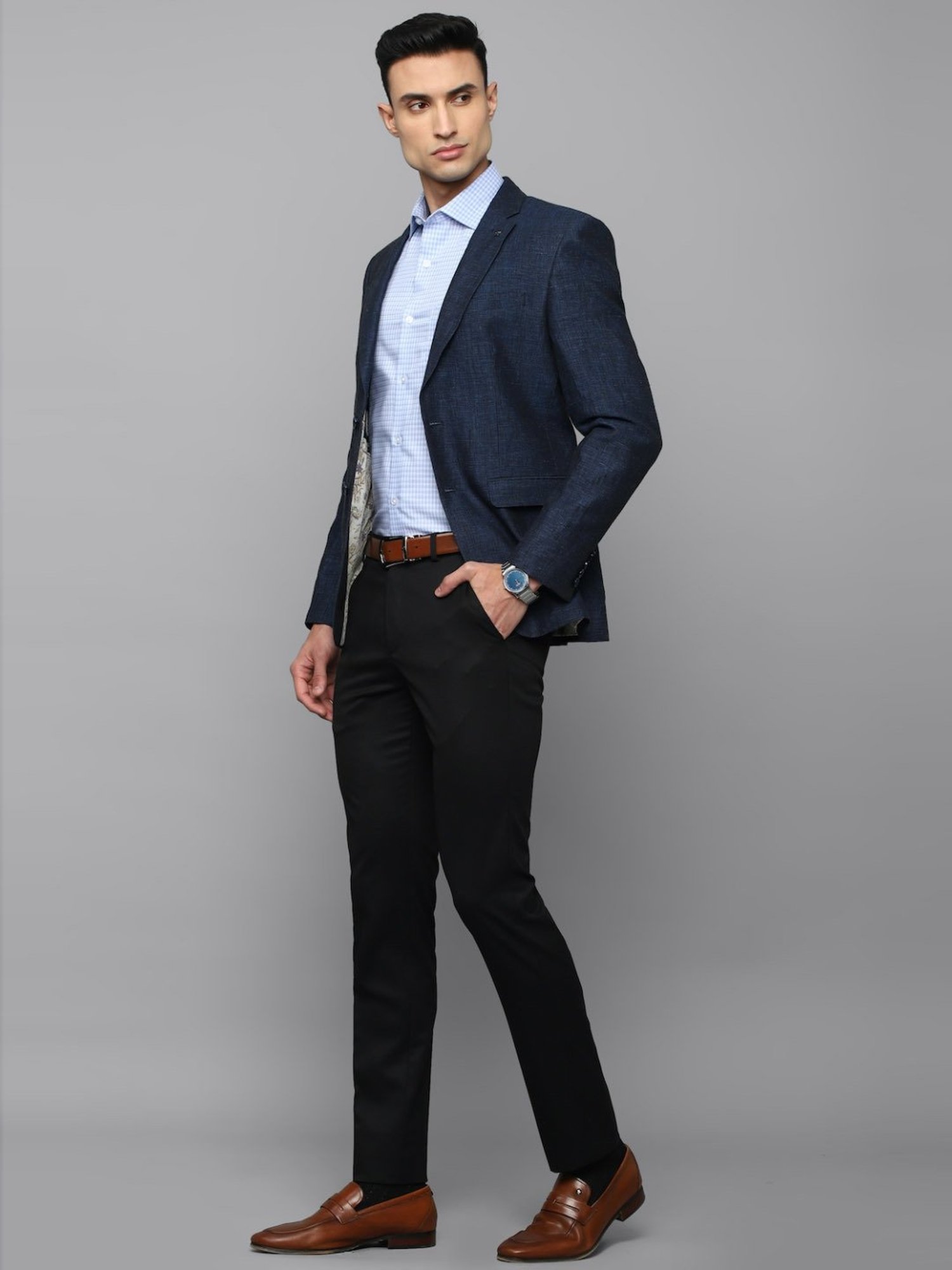 Louis Philippe Navy Linen Slim Fit Texture Blazer