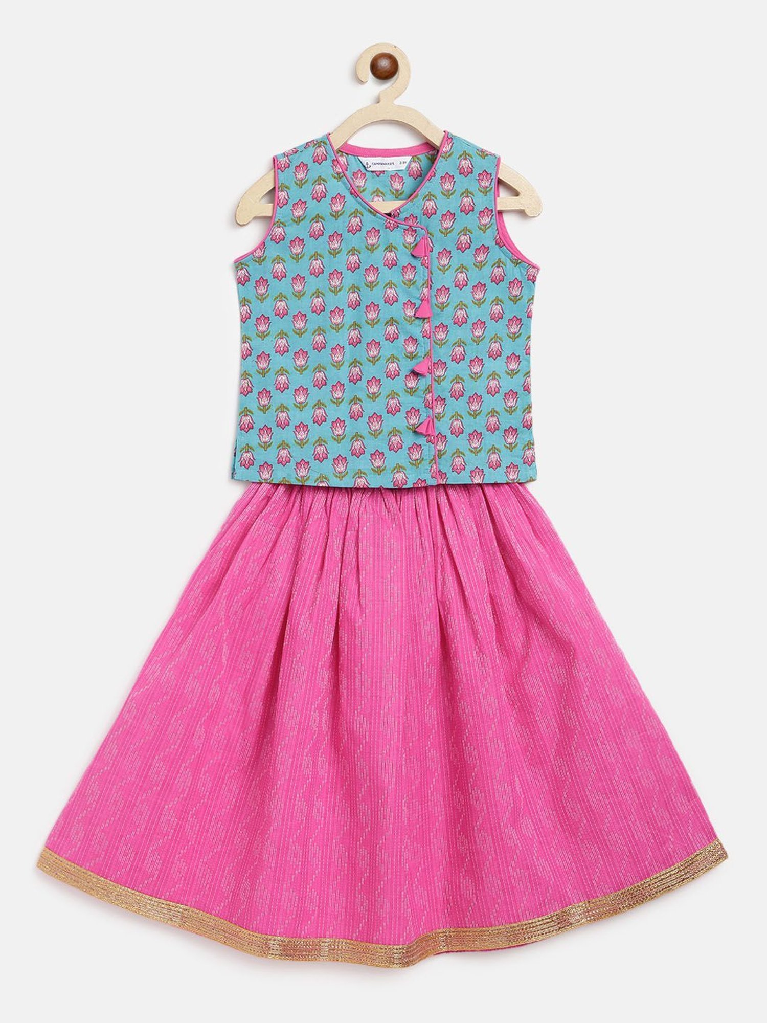 Campana Kids Turquoise & Pink Floral Print Lehenga with Choli