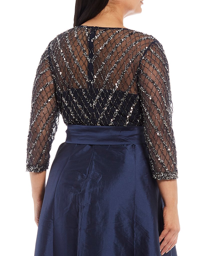 Pisarro Nights Plus Size Beaded 3/4 Sleeve Illusion Boat Neck Dress