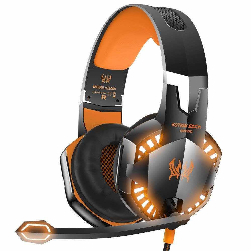 VersionTech G2000 Stereo Gaming Headset for Xbox one PS4 PC, Surround Sound Over-Ear Headphones with Noise Cancelling Mic, LED Lights, Volume Control for Laptop Mac PS3 iPad Nintendo Switch - Orange