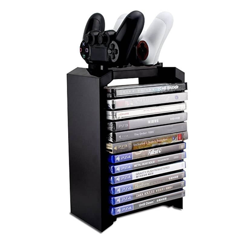 PS4 Storage Tower Holder Stand Dual Charger Dock for Sony Dualshock 4 ControllerGamepad Joystick Playstation 4 Console Controllers Charging Station Stores 12 Games Playstation 4