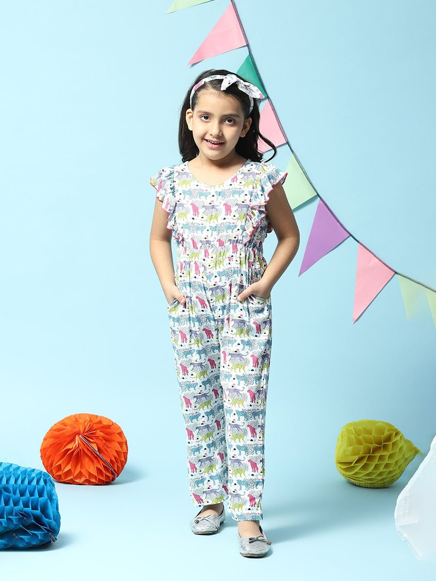 BIBA Girls White Printed Jumpsuit with Headband