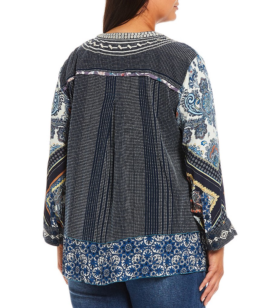 John Mark Plus Size Long Sleeve Jewel Neck Multi Print Embroidery Button Front Tunic