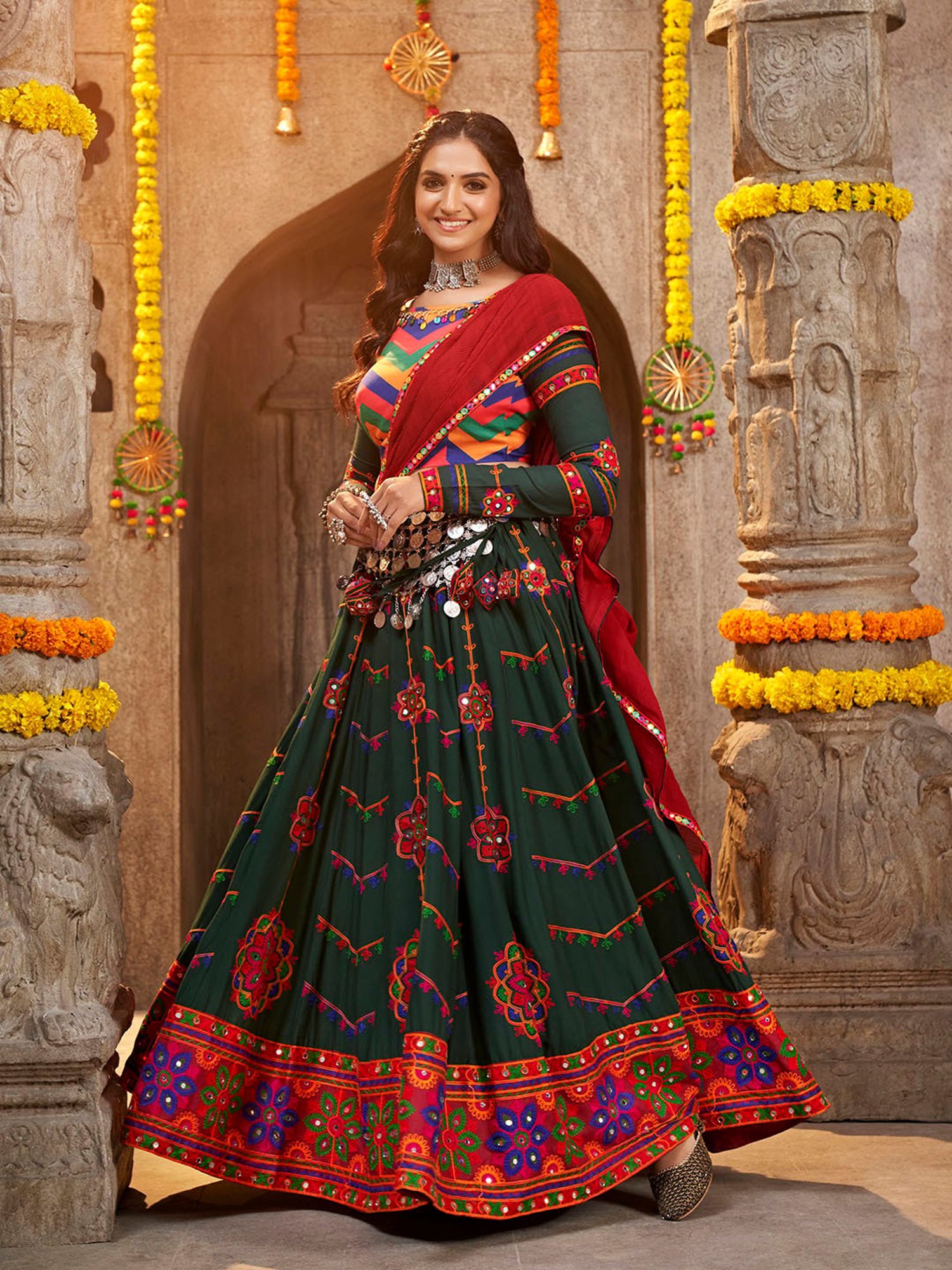 SHUBHKALA Green Embroidered Lehenga Choli Set With Dupatta