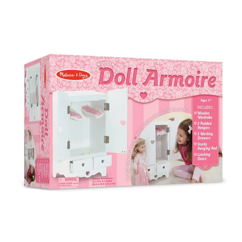 Melissa & Doug White Wooden Doll Armoire Closet With 2 Hangers (12 x 20 x 9 inches)