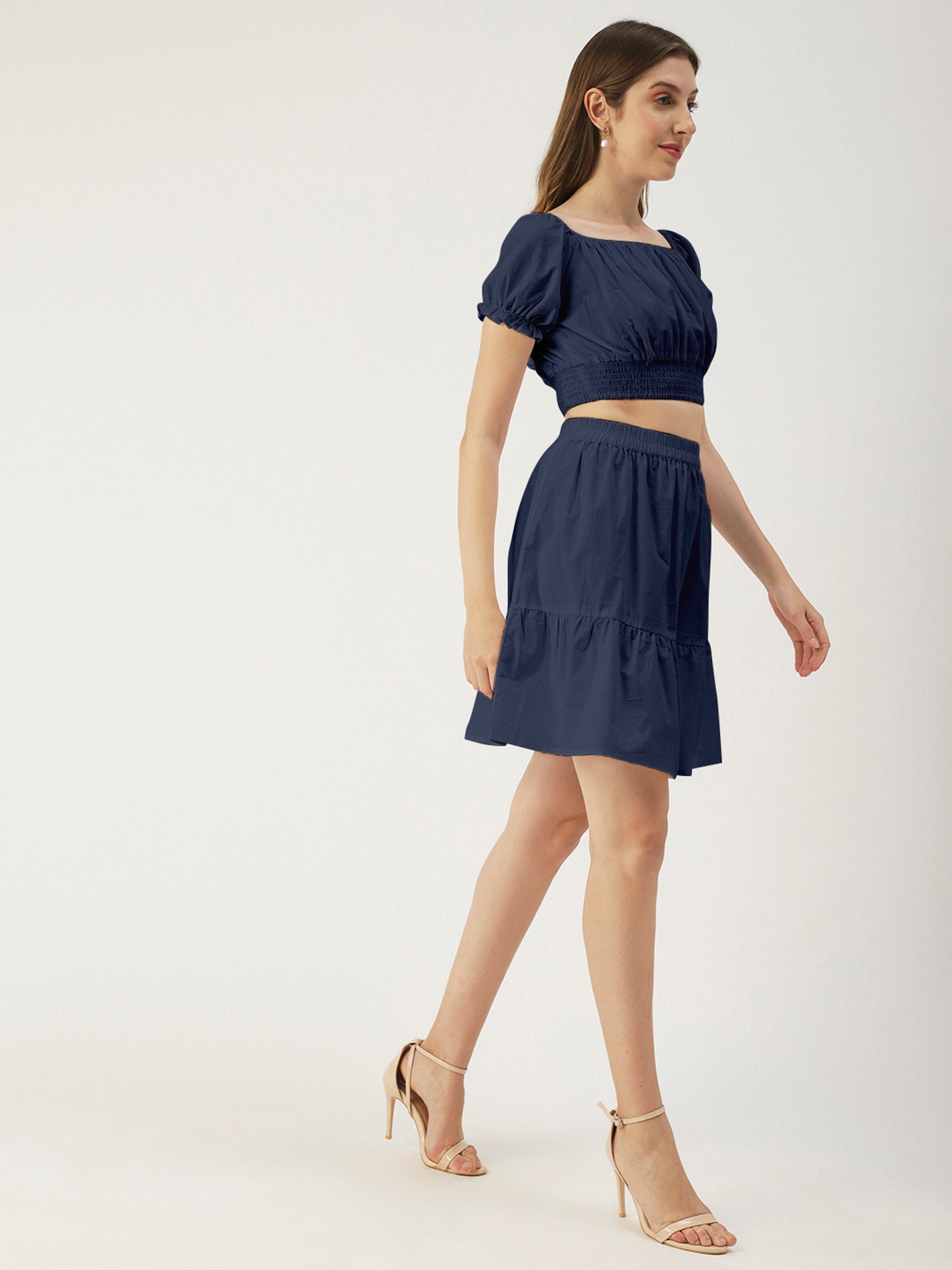Moomaya Navy Regular Fit Crop Top With Skirt