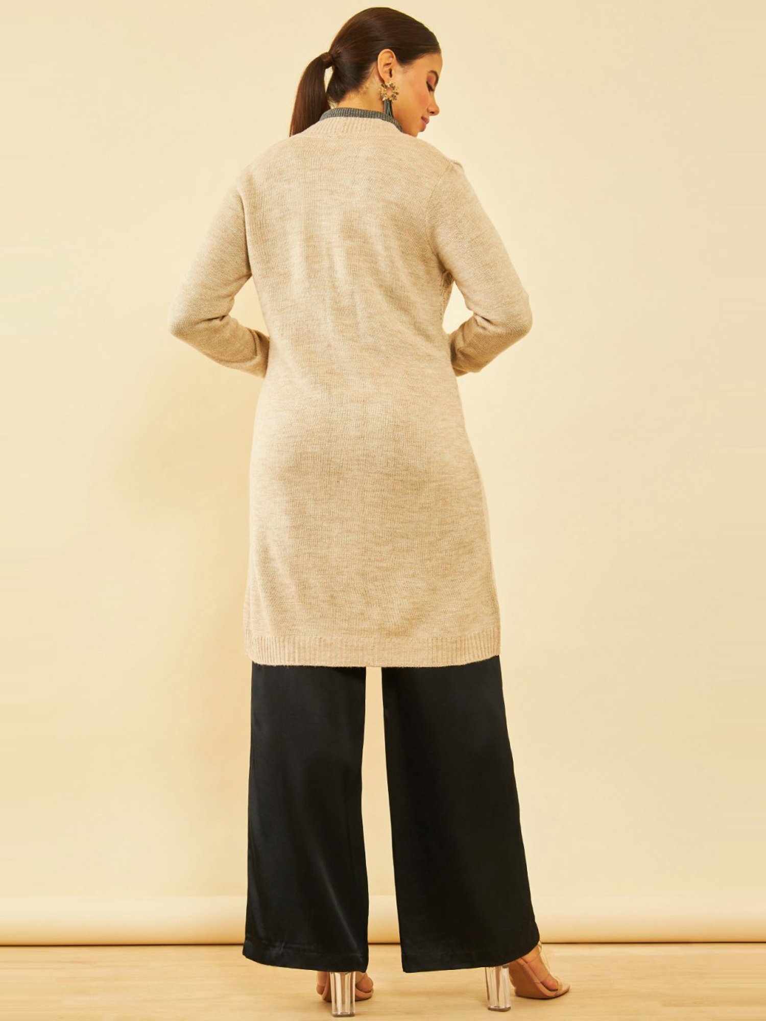 Soch Beige Acrylic Chevron Pattern Knitted Open-Front Longline Shrug