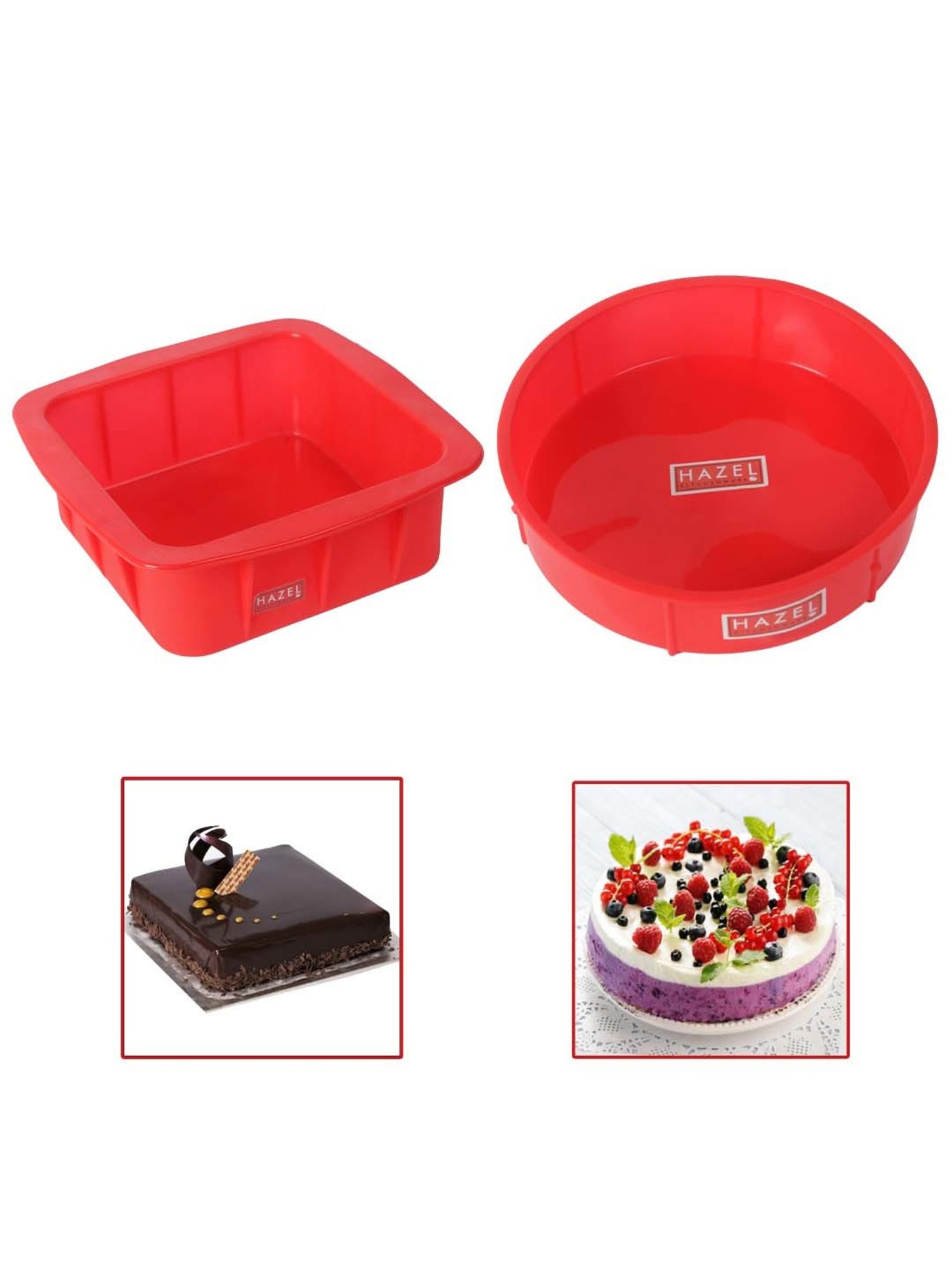 HAZEL Red Silicone Square And Round Shape Cake Mould (1.05 L) - Set of 2