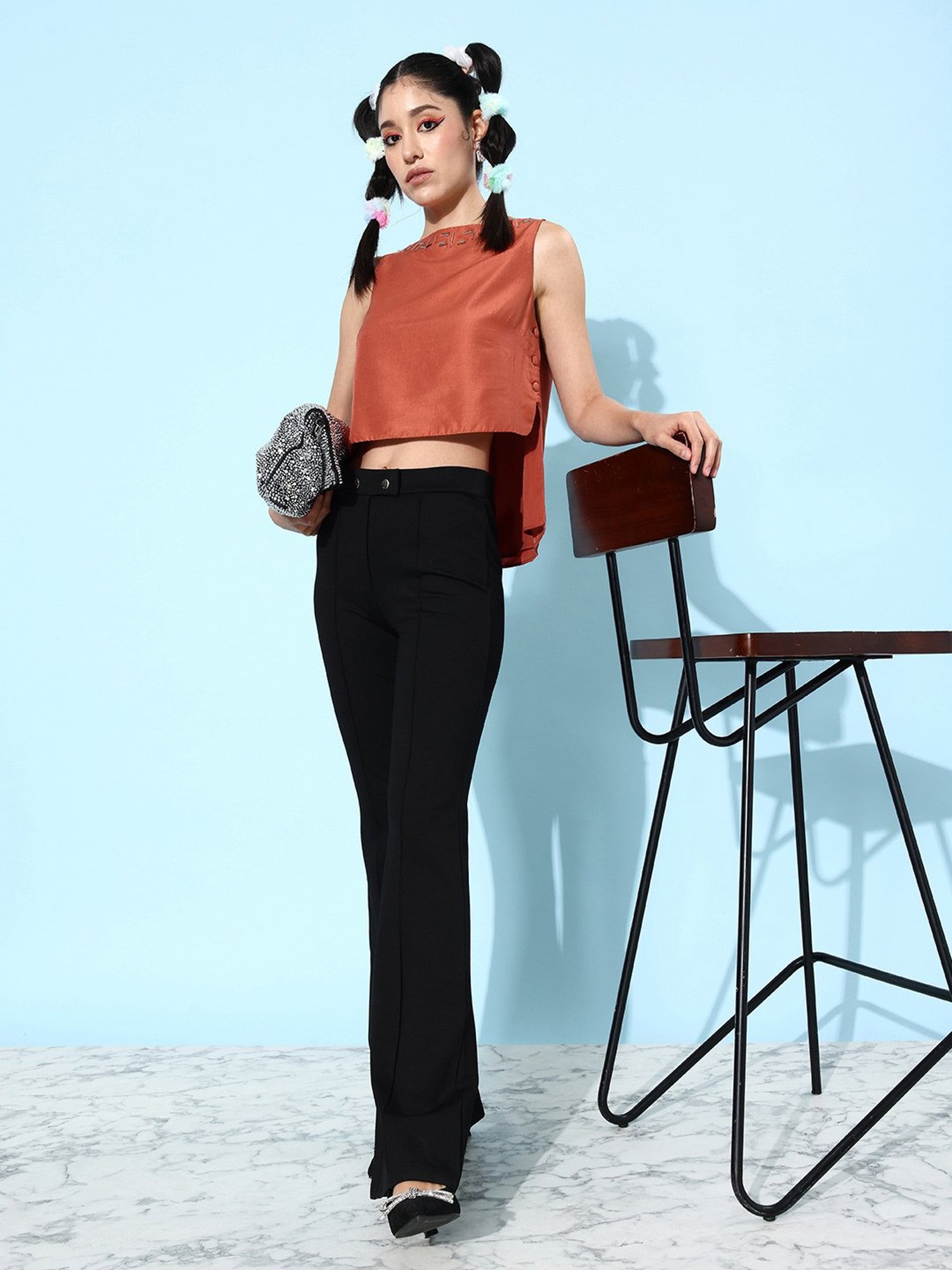 QUIERO Rust Embellished Crop Top