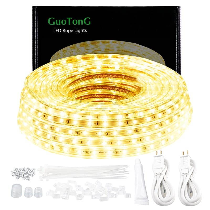 50ft/15m LED Lights Strip kit,Waterproof, 3000K Warm White,110V 2 Wire, Flexible, 900 Units SMD 2835 LEDs,UL Listed Power Supply,Indoor/Outdoor Use, Ideal for Backyards, Decorative Lighting