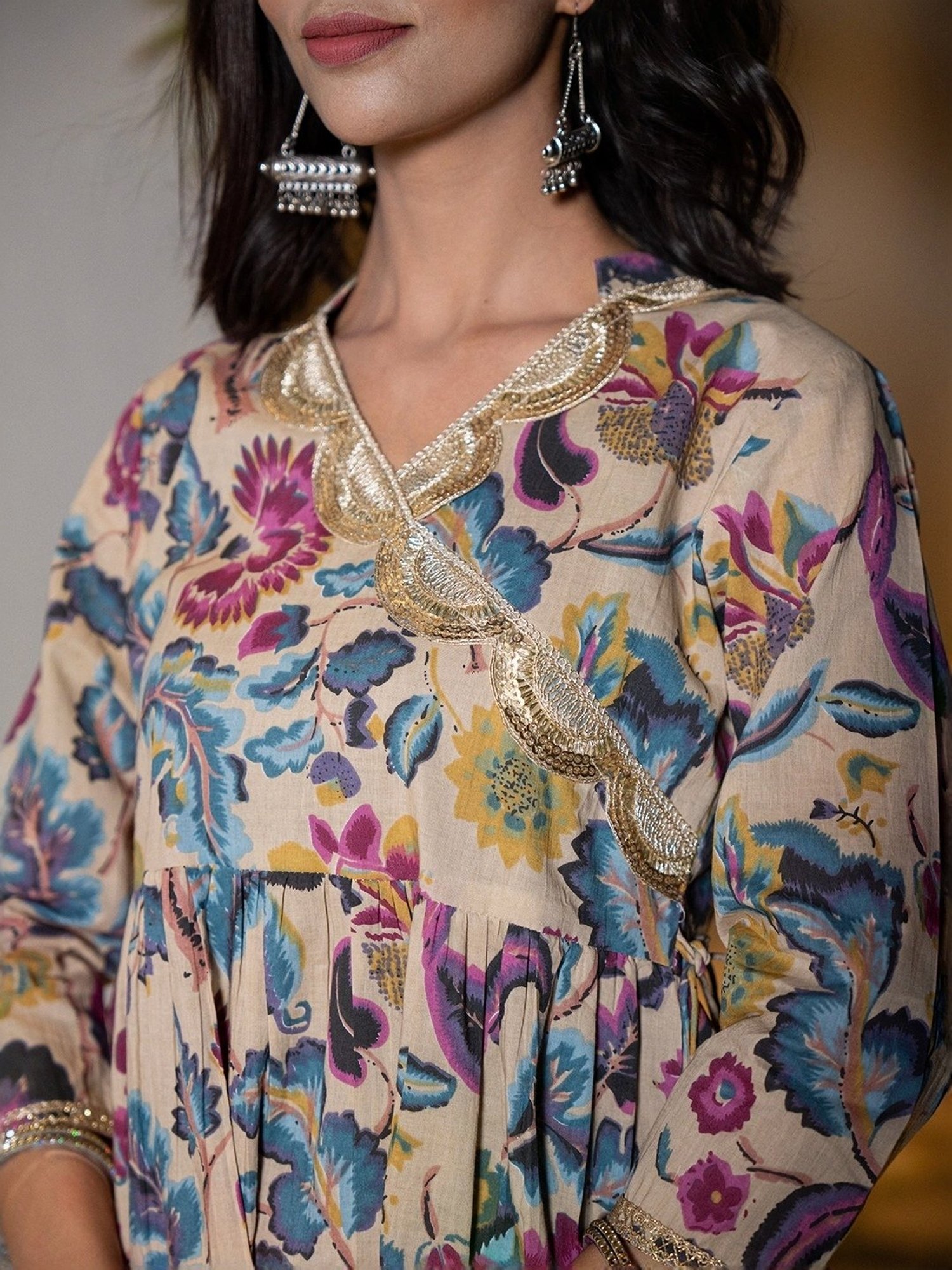 Yufta Beige & Blue Cotton Printed Top Sharara Set