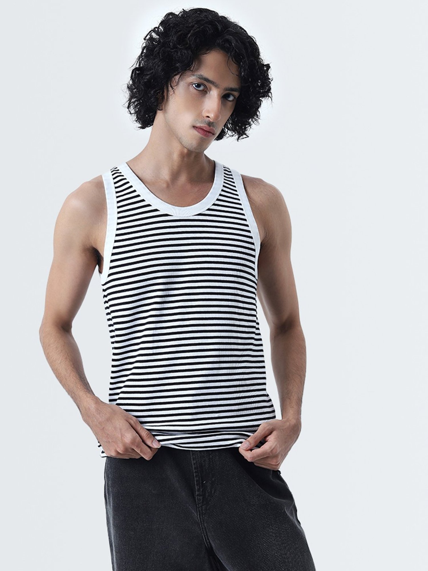 Nuon by Westside White & Black Striped Design Slim-Fit Cotton Vest