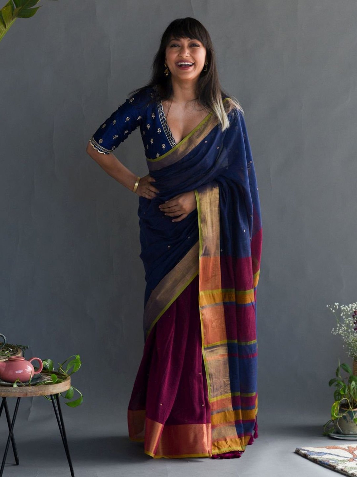 Suta Blue & Pink Cotton Embellished Saree Without Blouse