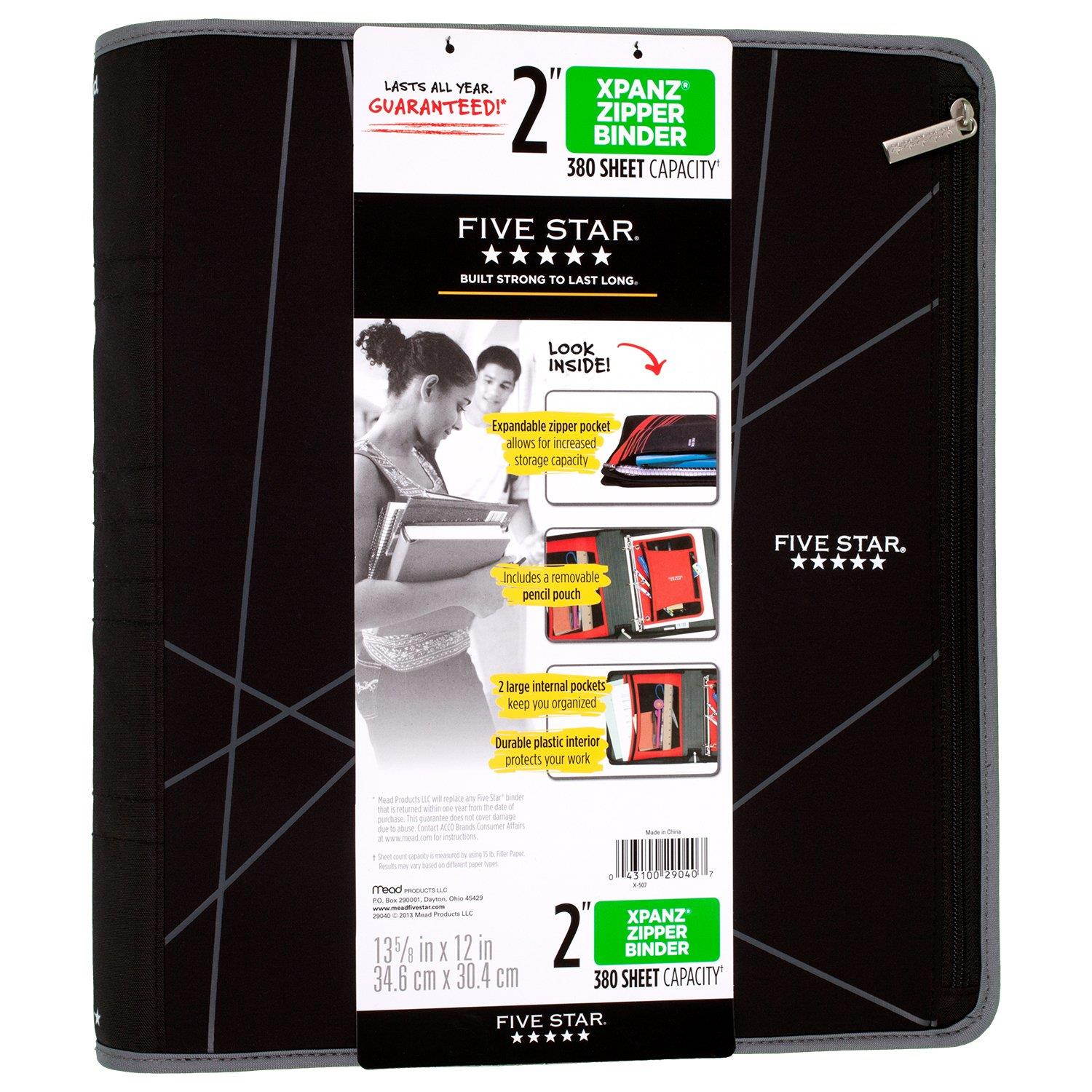 Five Star 2 Inch Zipper Binder, Ring Binder, Xpanz, Gray Lines Design (73228)