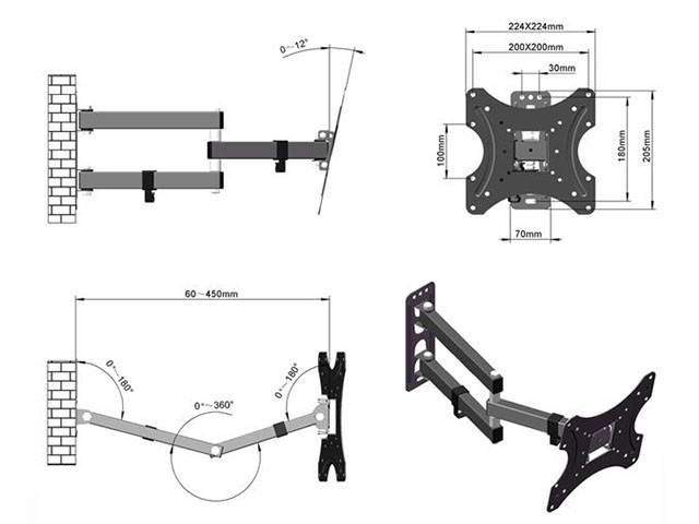 Suitable for "26-55 inch" LED, flat-panel TV cabinet maximum VESA200*200 / up and down adjustable -5~+12&deg;, rotation 180&deg;, horizontal bubble