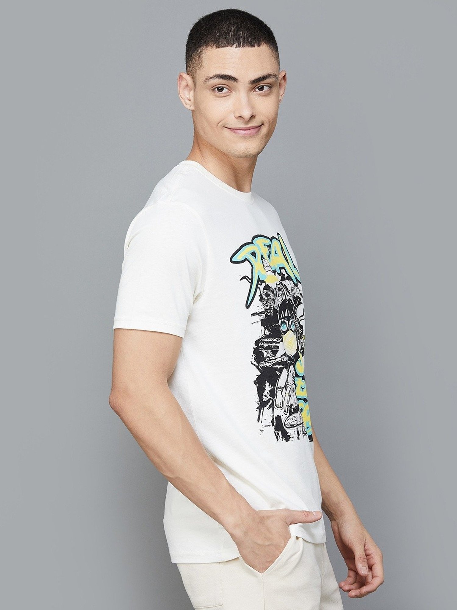 Forca by Lifestyle White Cotton Regular Fit Printed T-Shirt