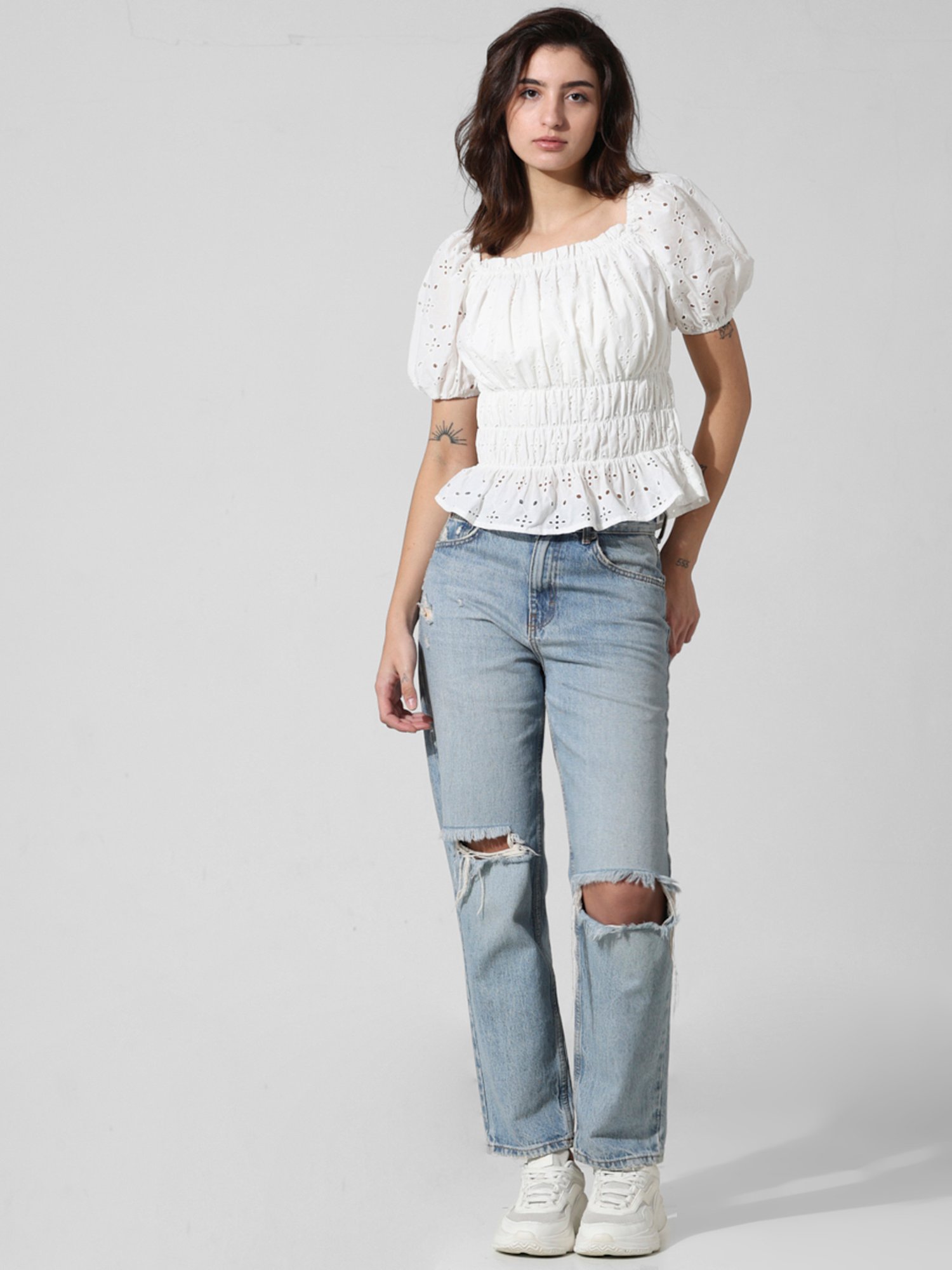 Only White Cotton Self Design Top