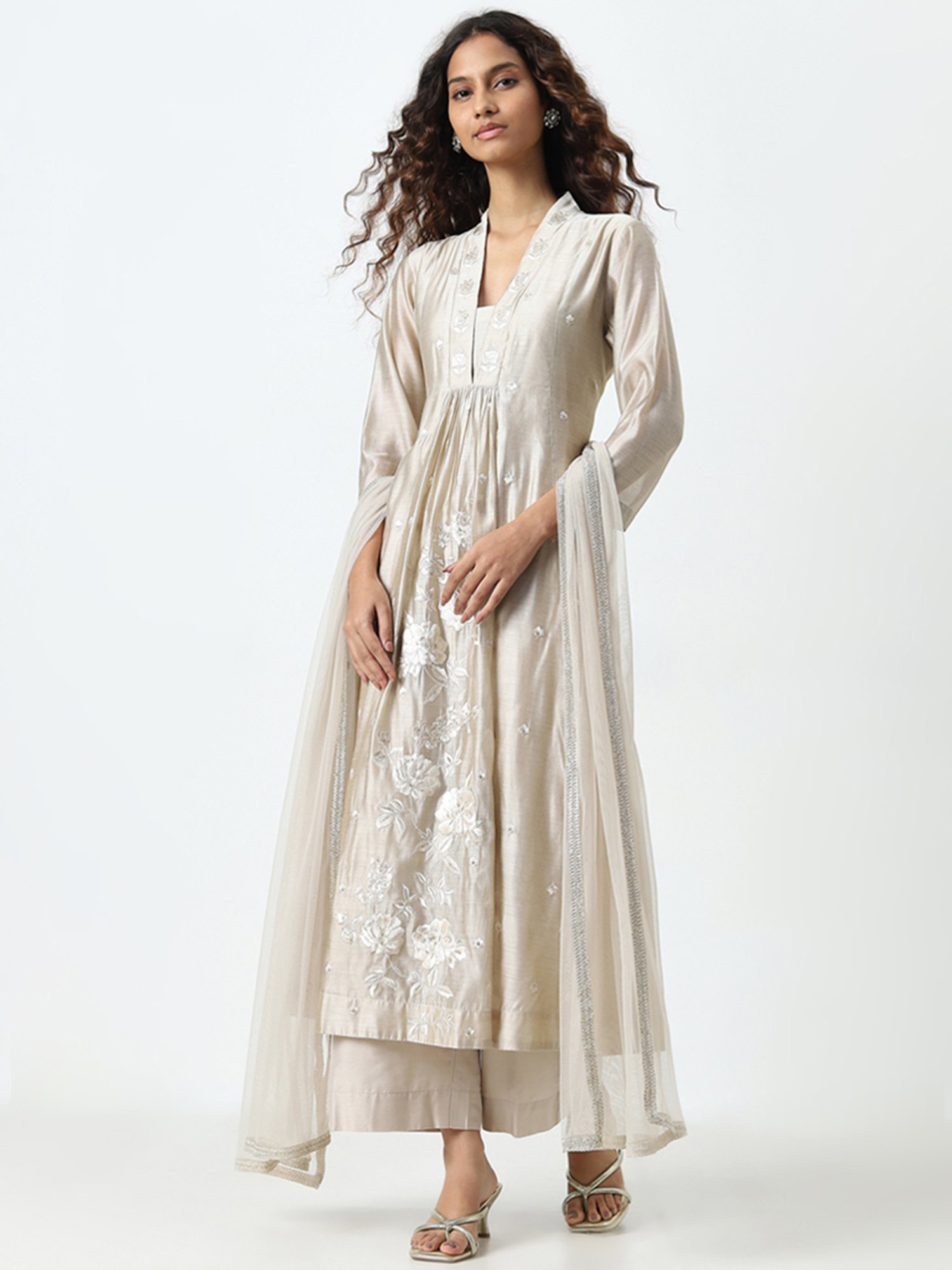 Vark by Westside Beige Floral Embroidered Kurta, Pants and Dupatta